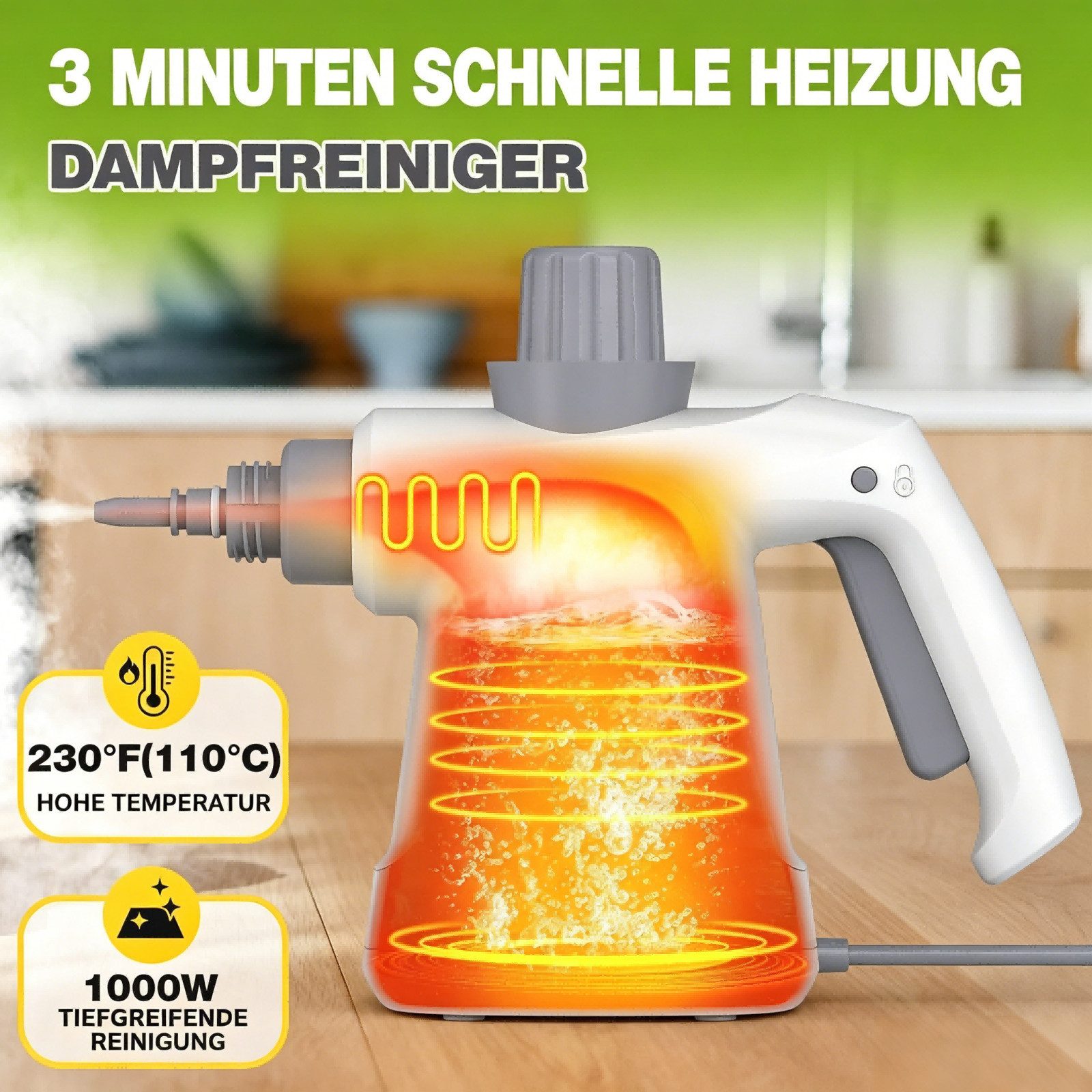 AIBISTAR Handdampfreiniger Dampfreiniger Steam Cleaner 400 ml Hochdruck 3,2 Bar, 1000 W, beutellos, 1000W,95.7in Netzkabel,9 Zubehörset,Handgerät Dampfreiniger