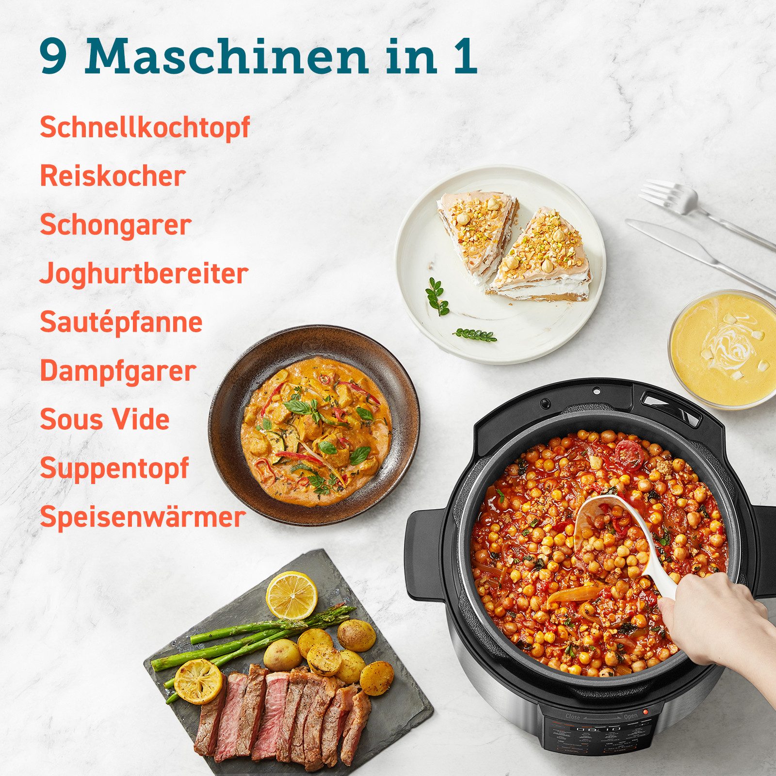 Cosori Schnellkochtopf CMC-CO601-SEU, 5,7 Liter, Aluminium, Edelstahl (Gehäuse), 13 Programme, 70% schneller, Sous-Vide, Timer 24h