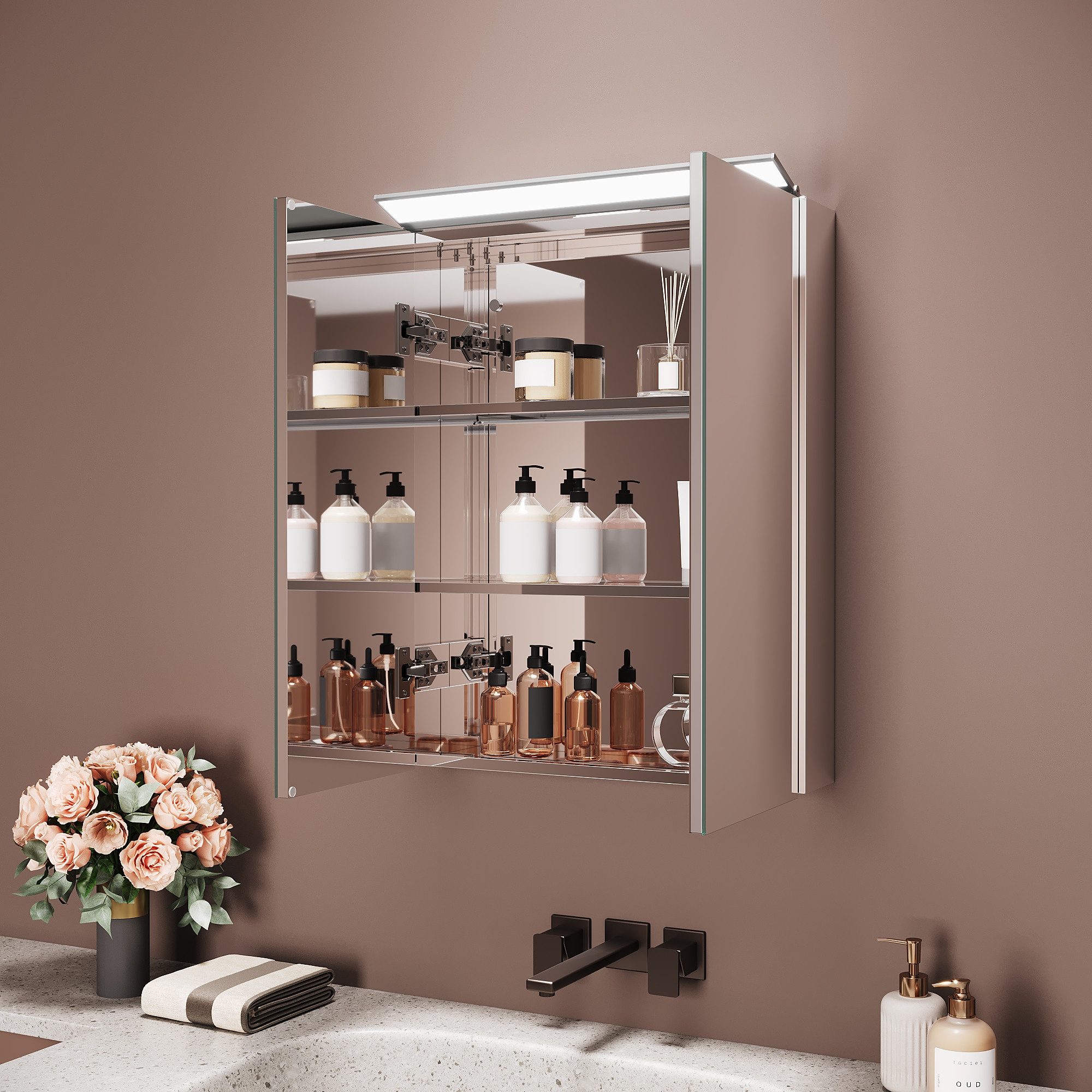 SONNI Spiegelschrank Spiegelschrank Badezimmerschrank 52×65cm Bestseller mit 8K Hochglanz-Frontbeleuchtung