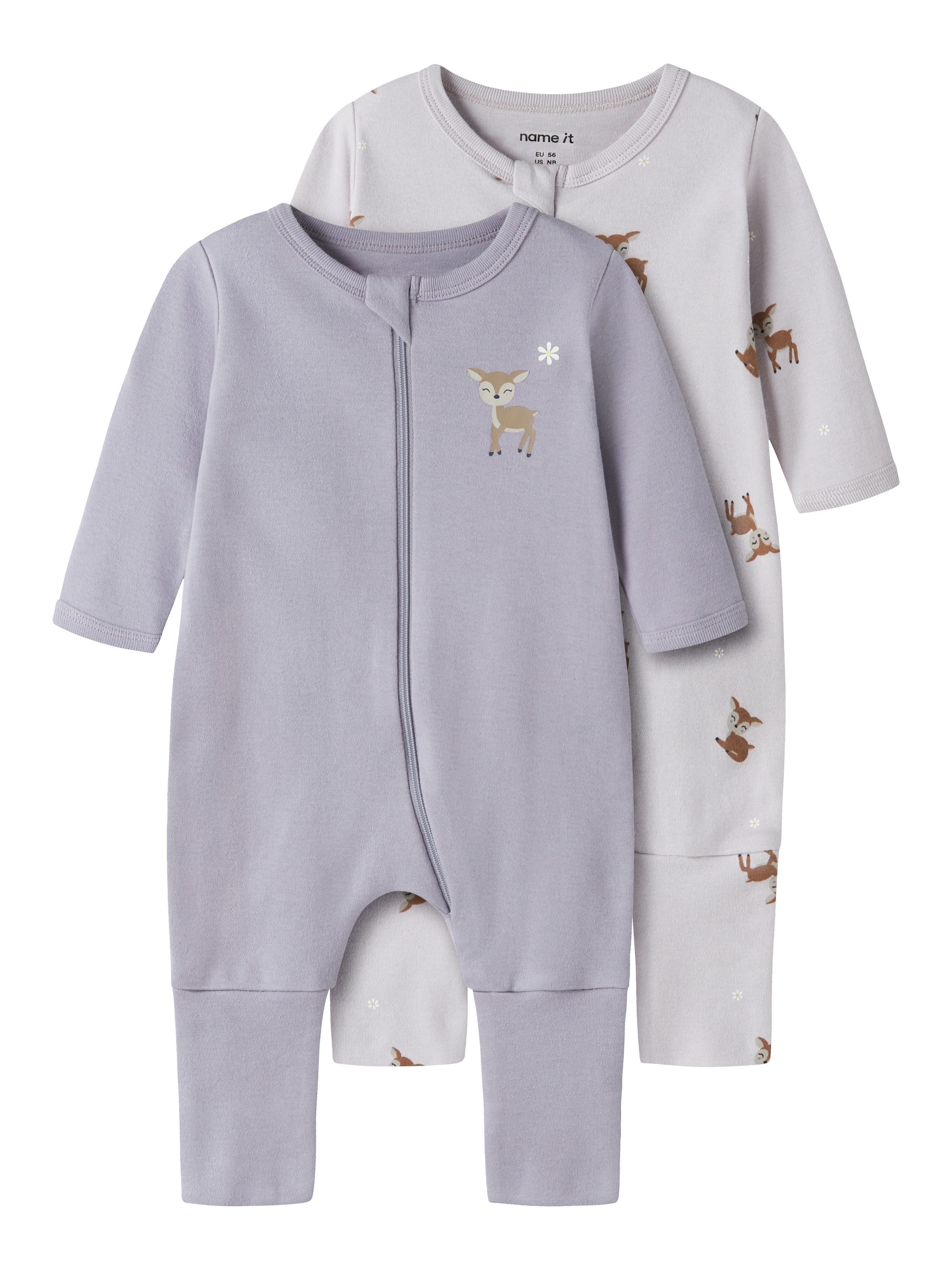 Name It Schlafanzug NBFNIGHTSUIT 2P ZIP FF LILAC DEER NOOS (Packung, 2 tlg) aus Baumwolle, bequeme Passform, mit Reißverschluss und Kinnschutz