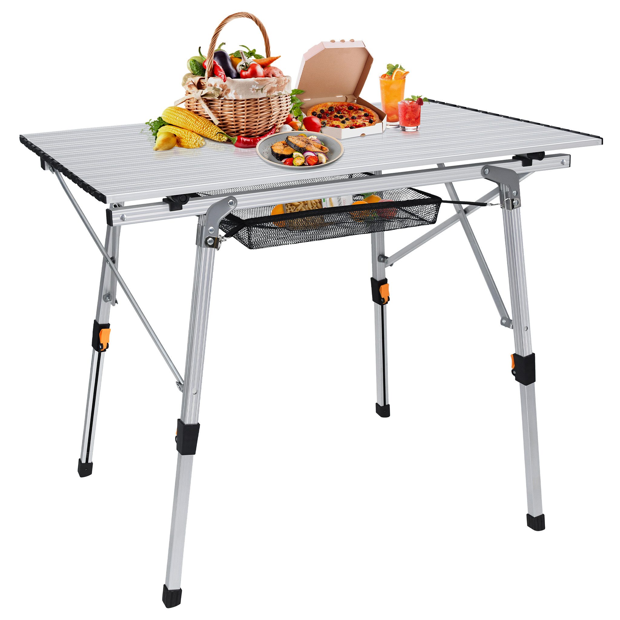 FIVMEN Campingtisch Camping Beistelltisch Faltbar Gartentisch Höhenverstellbar aus Alu, Balkontisch mit Packtasche, für Camping 90x52x45cm, Silber/Schwarz