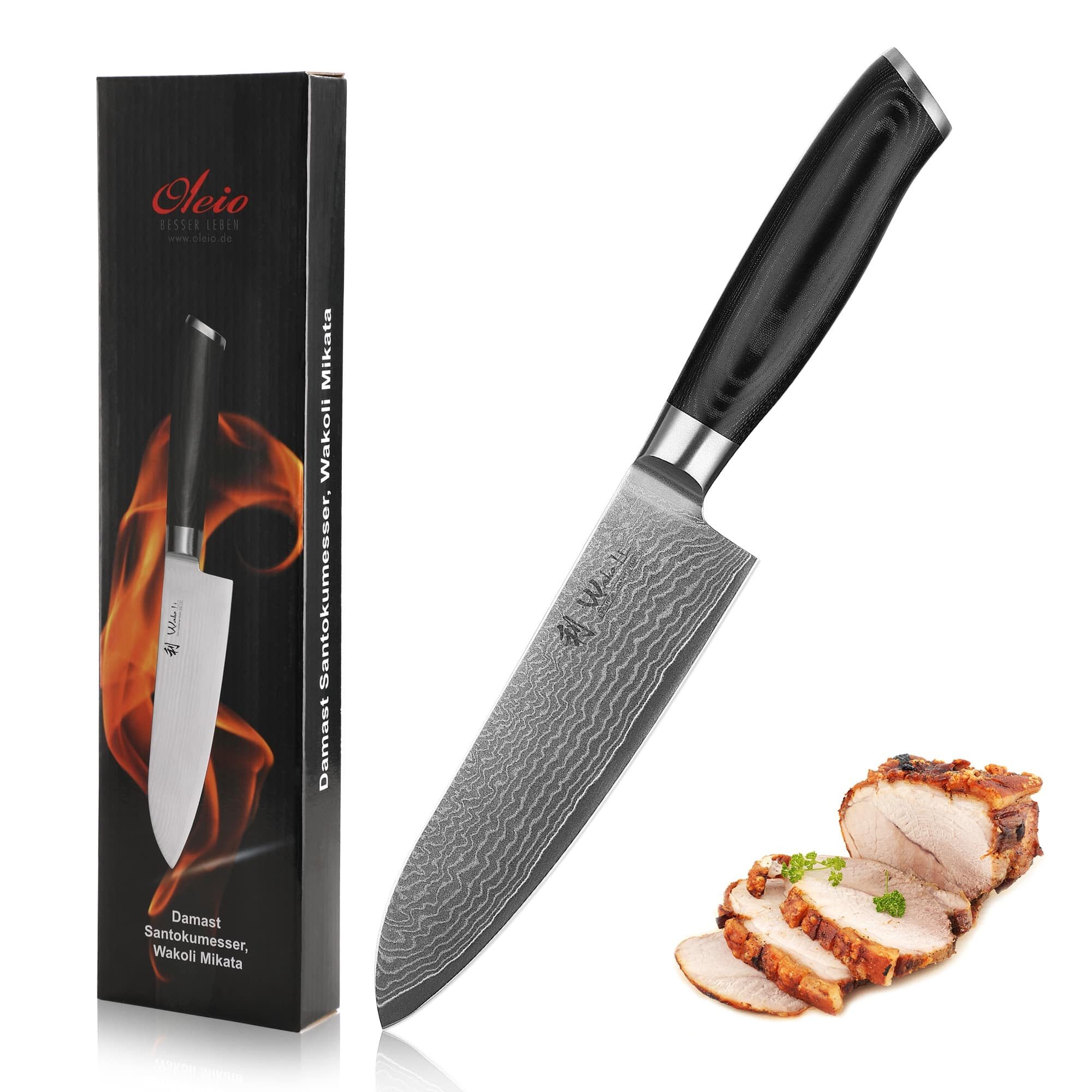 Wakoli Santokumesser Mikata Damast Santoku Küchenmesser 17 cm Klinge Micartagriff, aus 67 Lagen Damaststahl, VG10 Kern