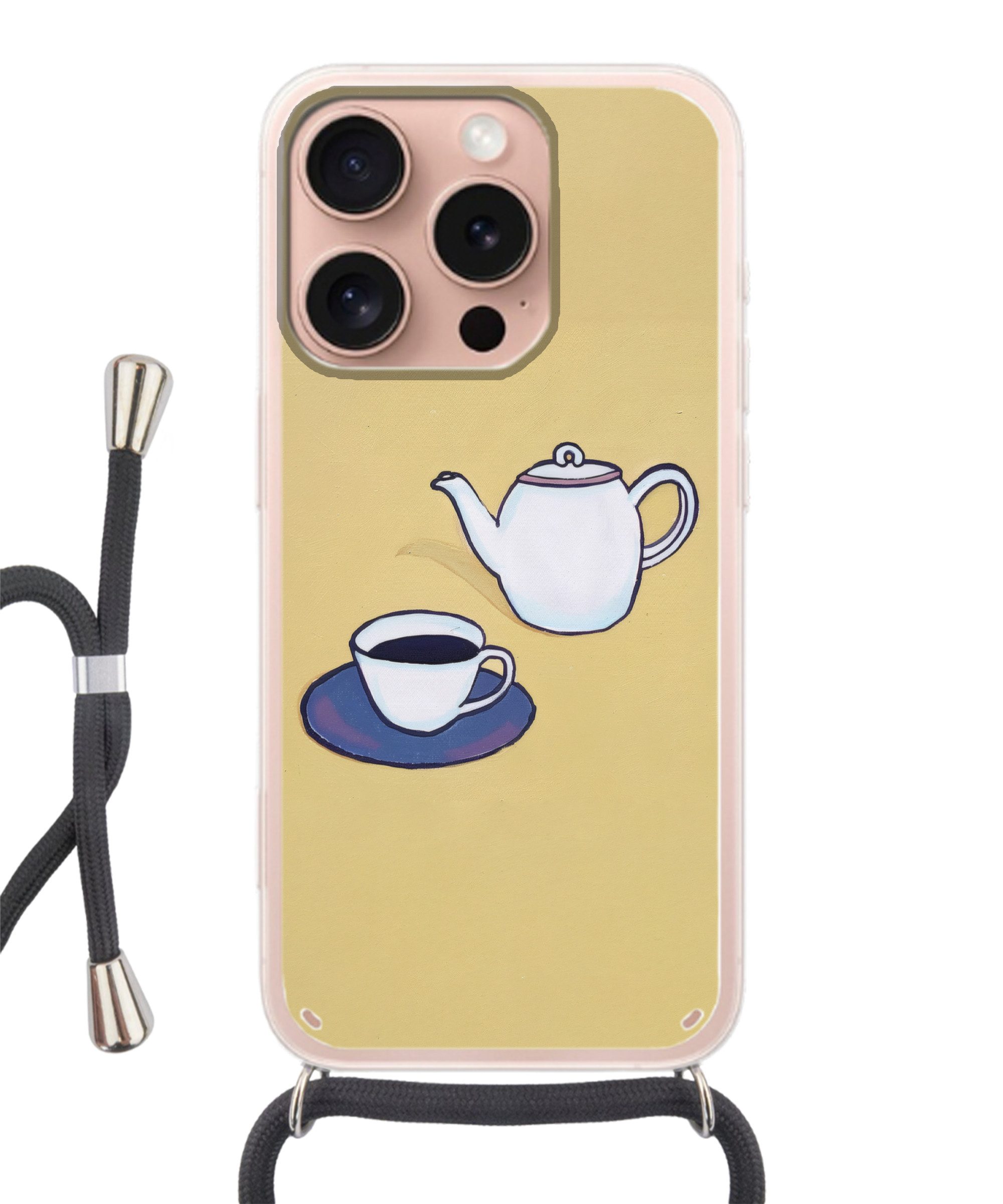 MuchoWow Handyhülle für Apple iPhone 16 Pro Teekanne - Tasse - Beige - Illustration, Tragbare Handyhüllen mit Kette zum umhängen, Handykette Handyband