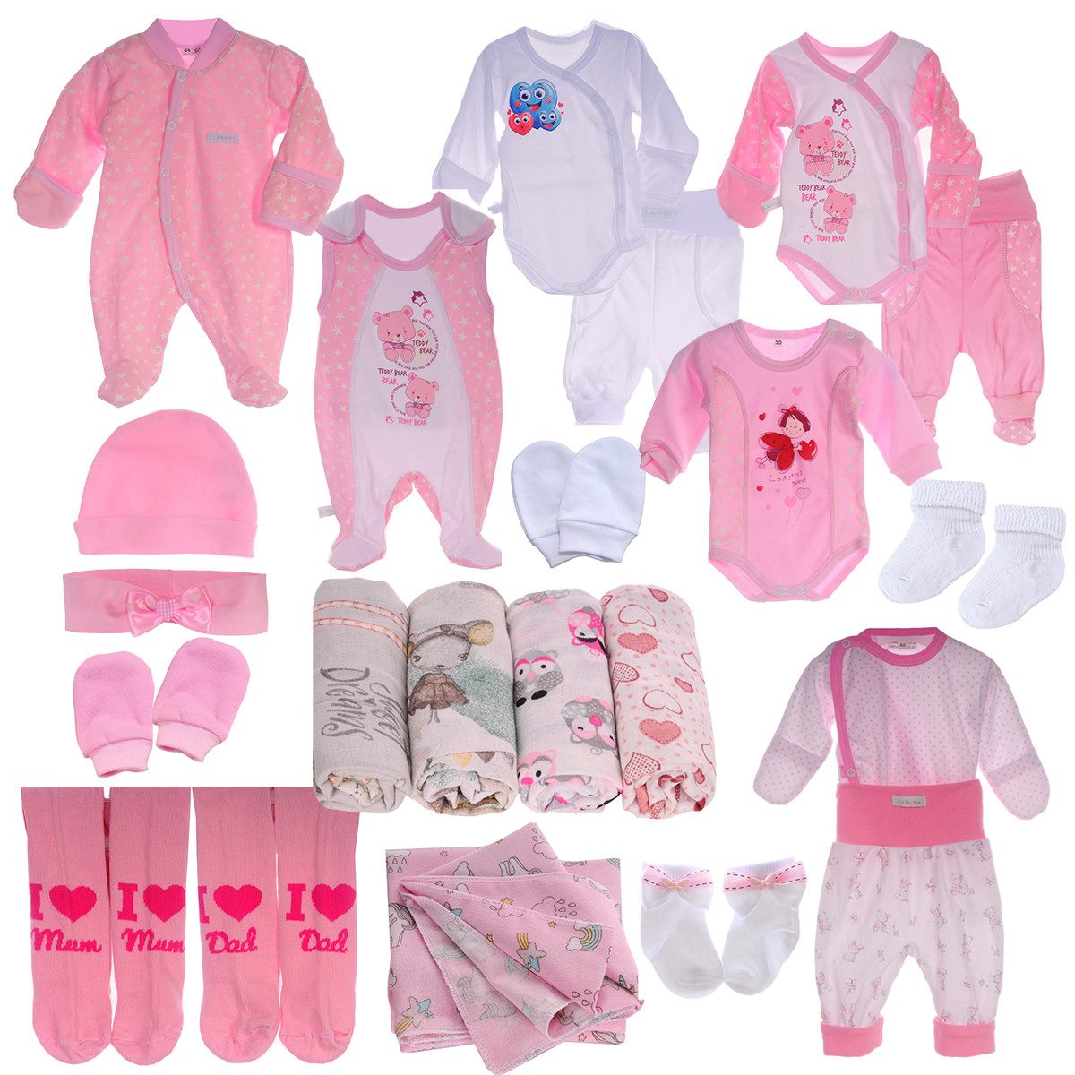La Bortini Erstausstattungspaket Baby Set 22 Teile Body Hose Strampler Strumpfhosen Shirt Socken in Rosa, aus Baumwolle, 44 50 56 62 68 Spucktücher Stirnband