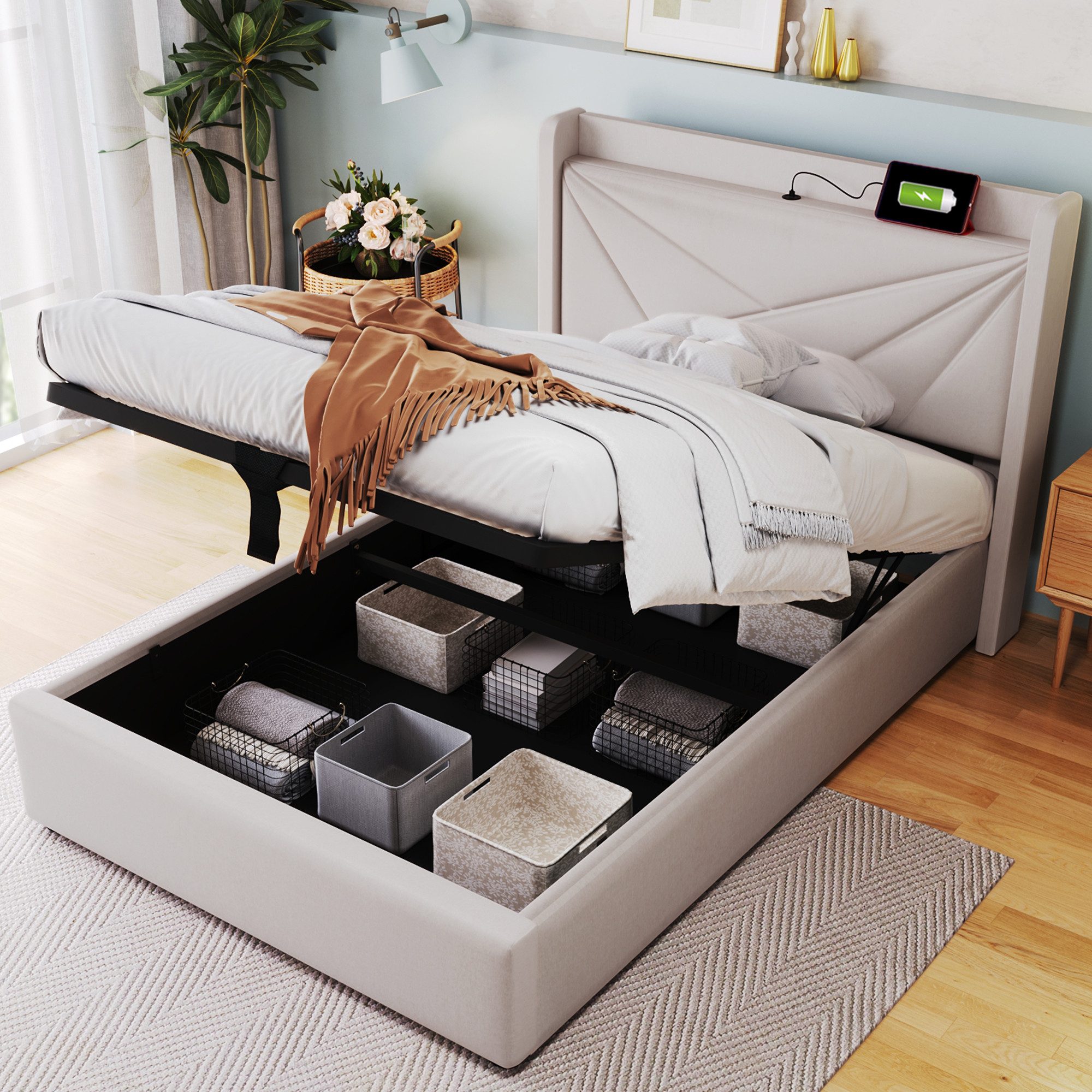 TavilaEcon Boxspringbett Einzelbett mit Stauraum und USB Typ C Ladefunktion