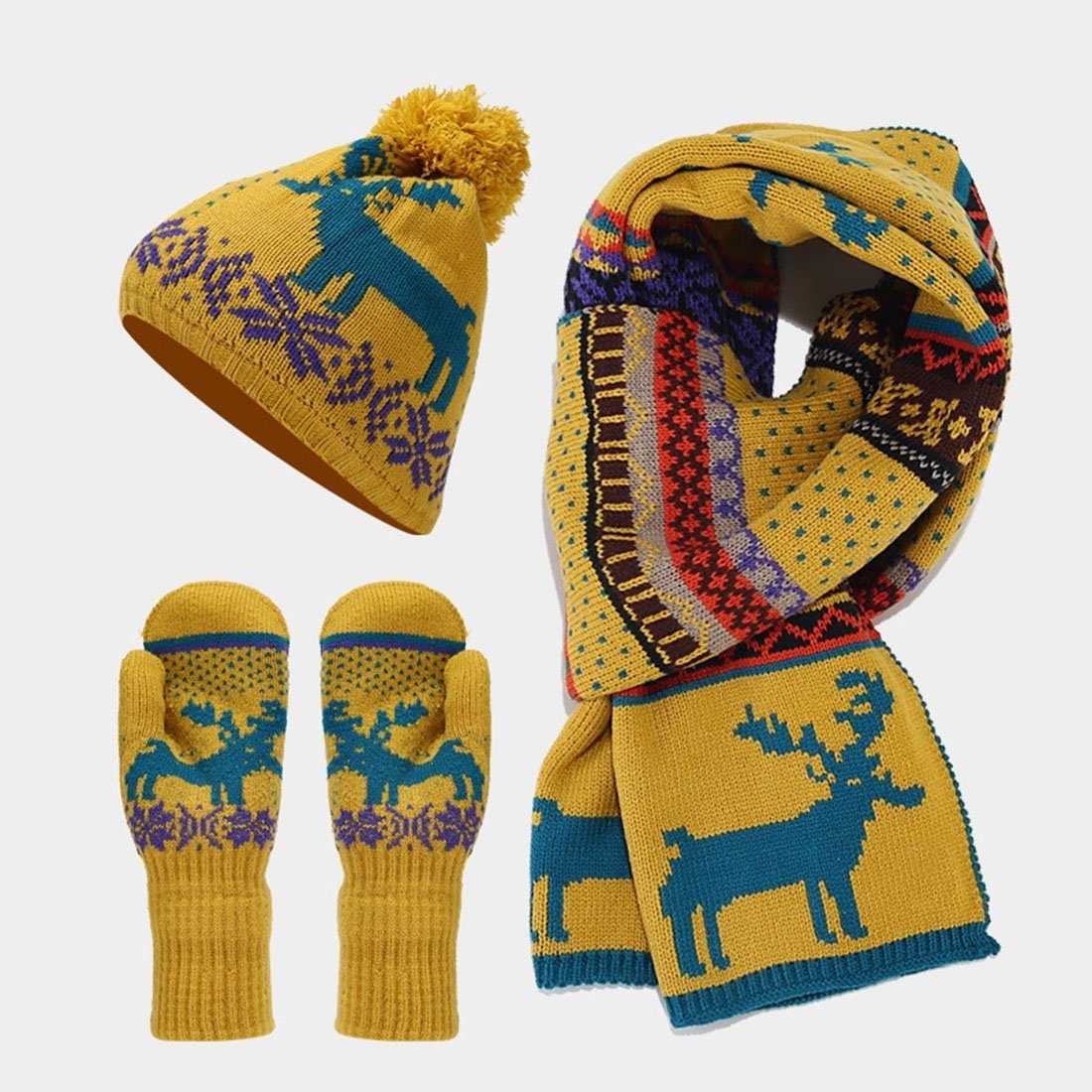 AUKUU Schal Strickmütze Weihnachtsmütze, Schal und Handschuhe, dreiteiliger, (warmer Elchanzug (3-St) GELB