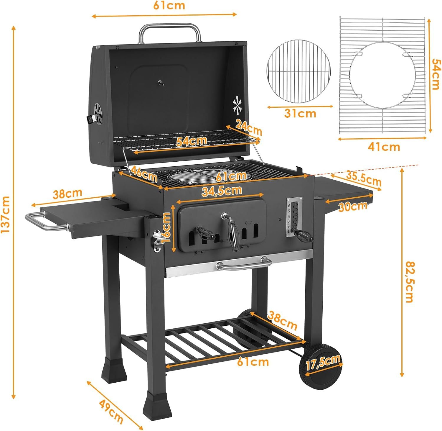 TLGREEN Holzkohlegrill XXL Holzkohlegrill Grillwagen mit Deckel, 3-Zonen Multifunktionaler Smoker Grill, Höhenverstellbare Kohleschale,Thermometer & 4 Lüftungsschlitze, Mit 2 klappbaren Ablagen, Rädern und Aschekasten