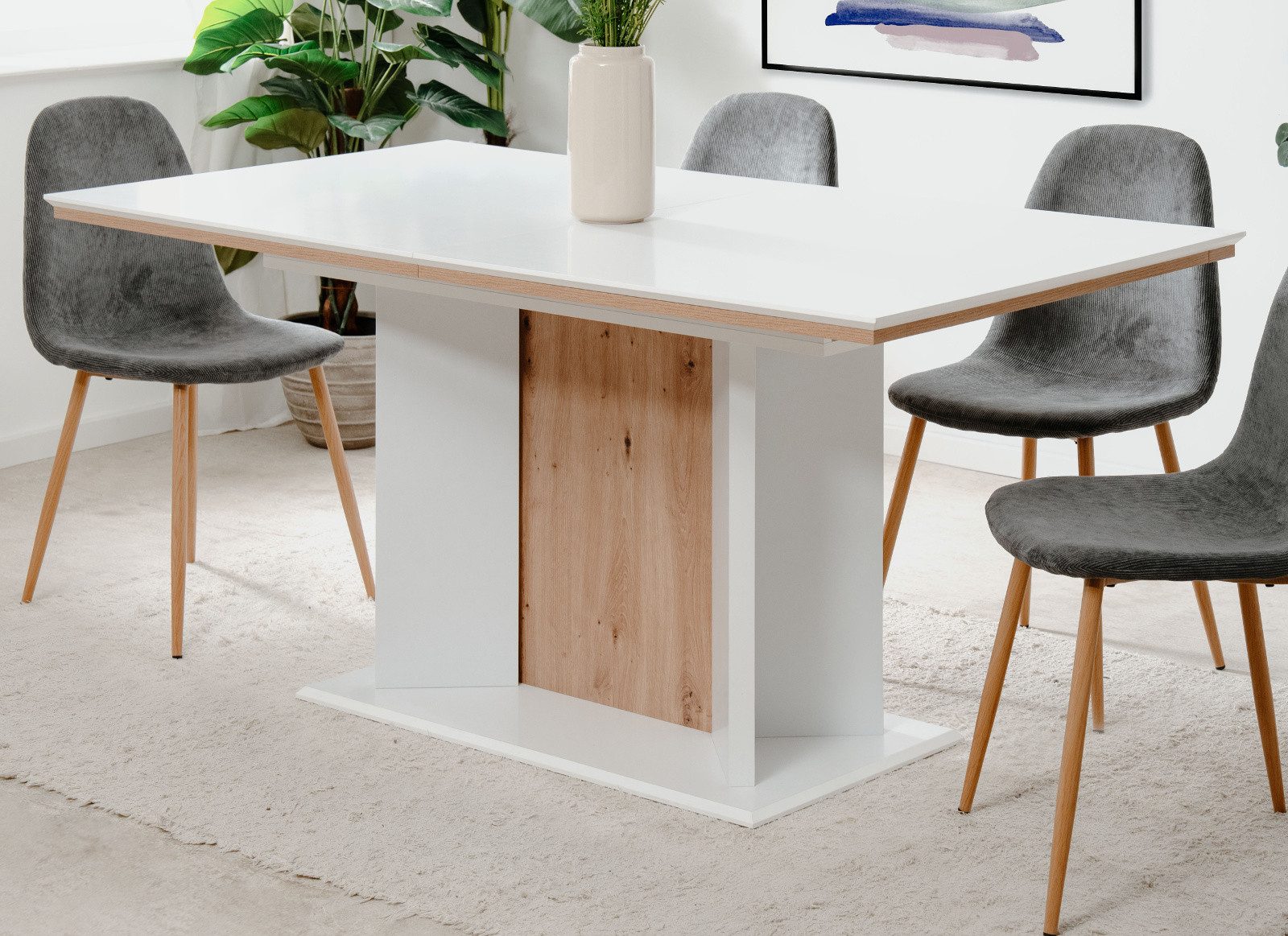 Furn.Design Esstisch Varese (in weiß und Artisan Eiche, Säulentisch 160 / 200 x 90 cm), ausziehbar