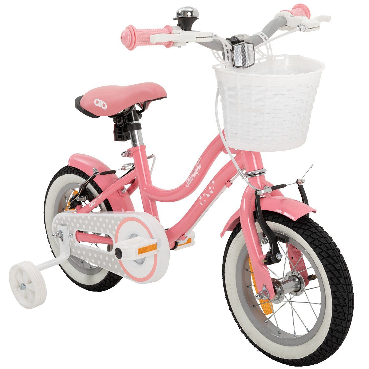 ohne höhenverstellbares 1 cm Rad - Fahrradkorb Motors V-Brake-Bremse, Kinder Klingel, (12 Luftbereifung, ab 95 Zoll, Stützräder, 35 rosa Kinderfahrrad Kinderrad ab Reflektoren, weiß, Körpergröße, Gang, Starlight pastellrosa), Jahre Fahrrad max. 2 Antirutschgriffe, inkl. Schutzbleche, Mädchen Katzenaugen, kg, Schaltung, Actionbikes 1-tlg., Bike Zuladung Mädchen