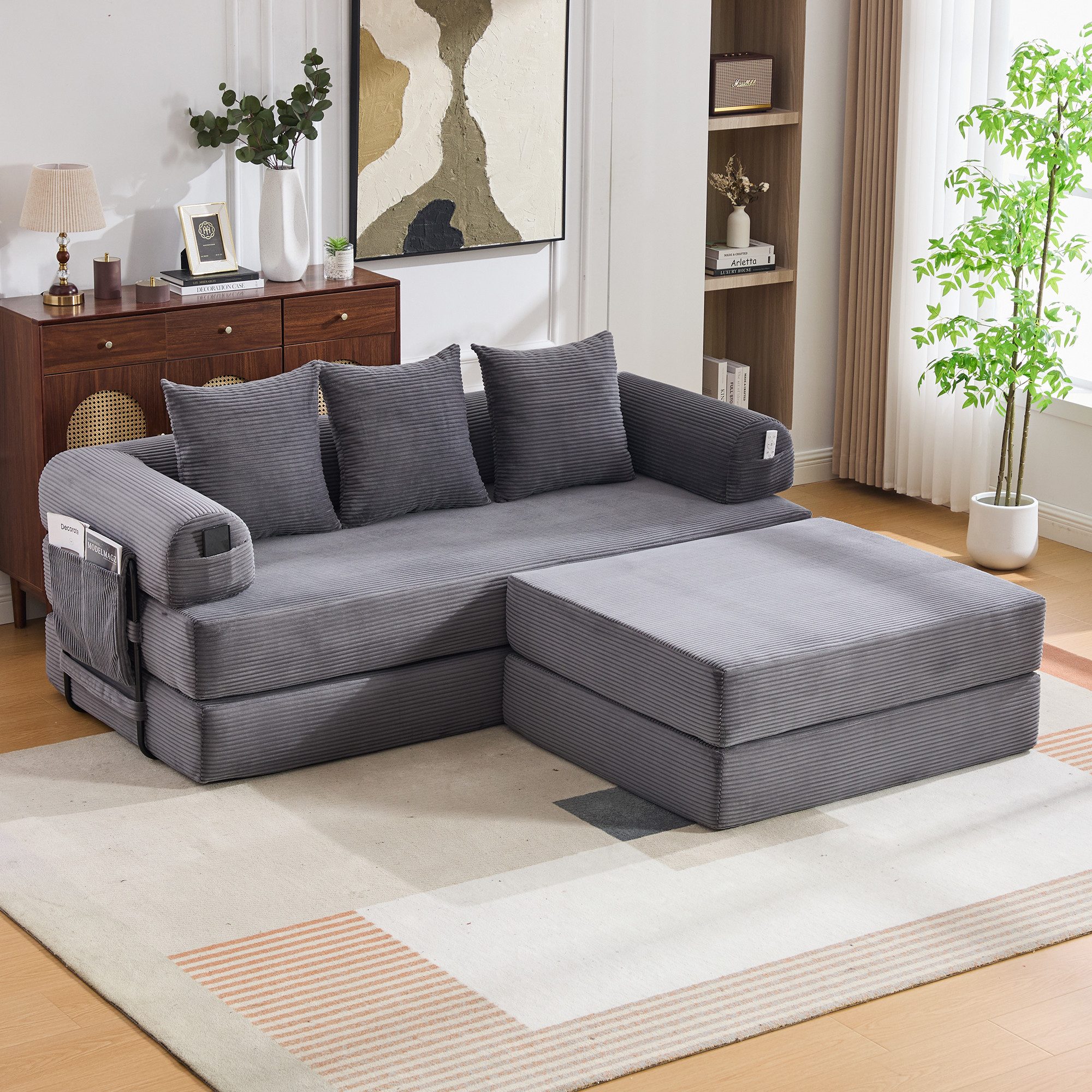 REDOM Sofa Kompressionssofa modulares 2‑in‑1-System mit Hocker, inkl. 3 Kissen und Seitentasche, stabiler Metallrahmen, dicke Polsterung für komfortables Sitzen, flexibel kombinierbar