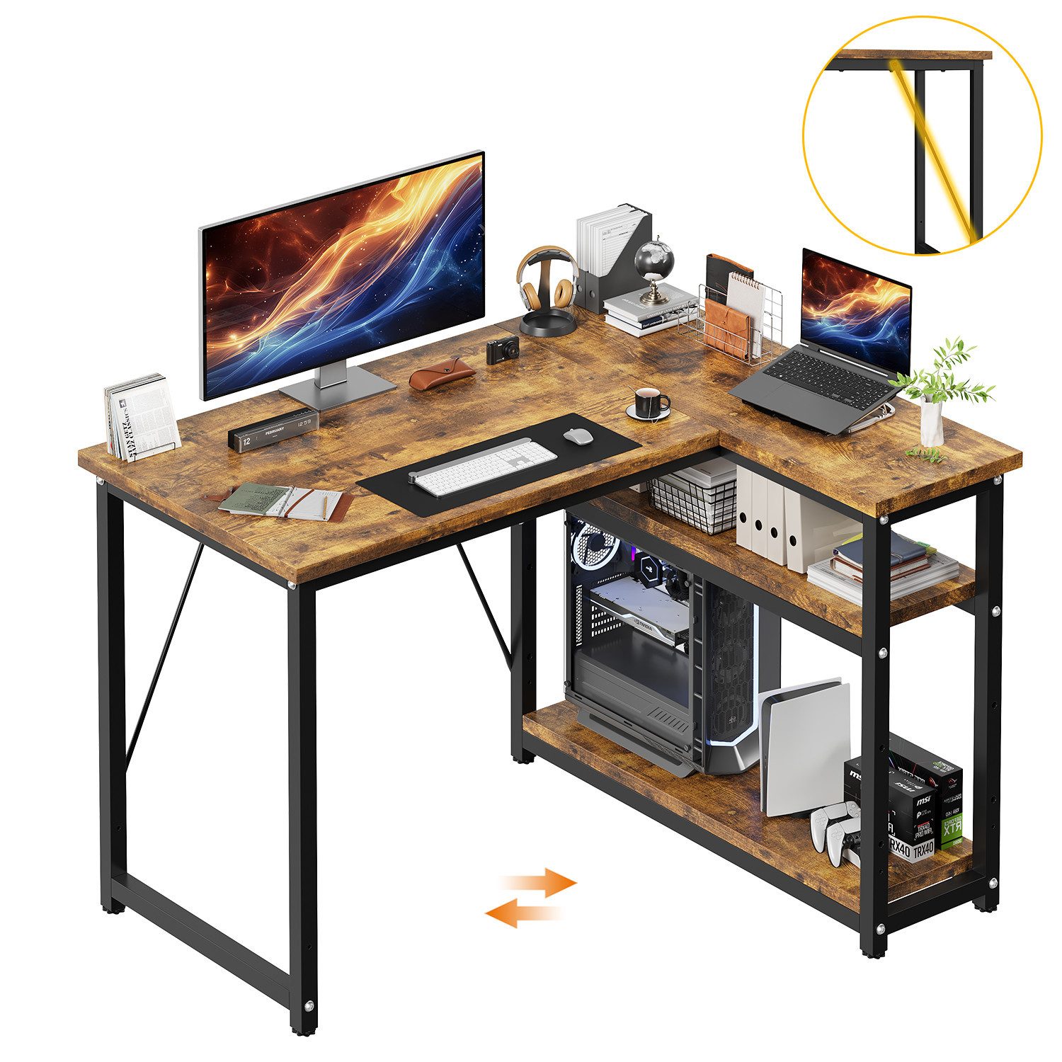 HOMALL Eckschreibtisch 100/120L Form mit Ablagefächern, 2 Tier DIY Lagerregalen Computertisch (L-formiger Schreibtischumit Regal,100/120/140/160cm,Geeignet fur Burotisch, Arbeitszimmer, Schlafzimmer), Schreibtisch,PC Tisch,Heimbüro