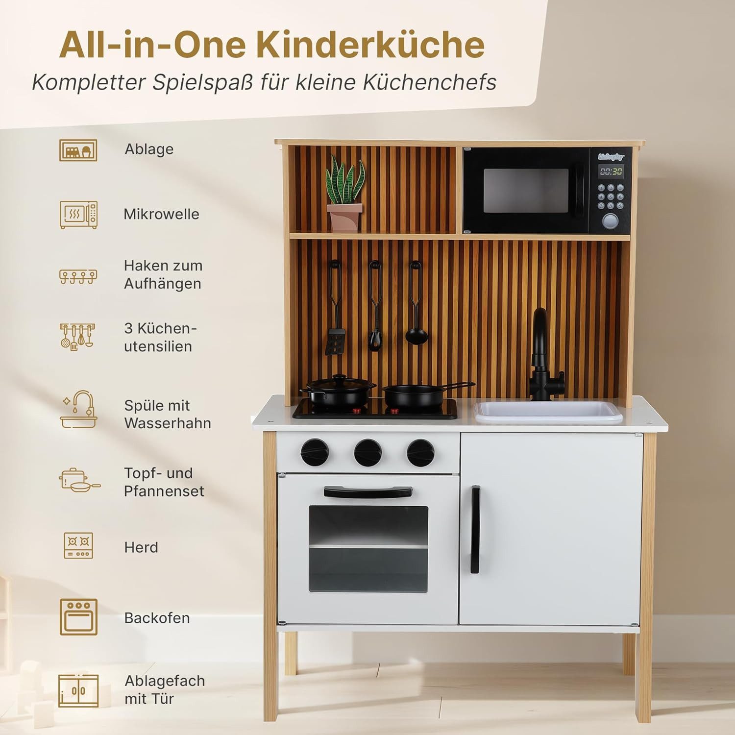 Green Series Spielküche Holzküche für Kinder – mit Licht & Sound – Lernspiel – Zubehör-Set Holz, aus Holz
