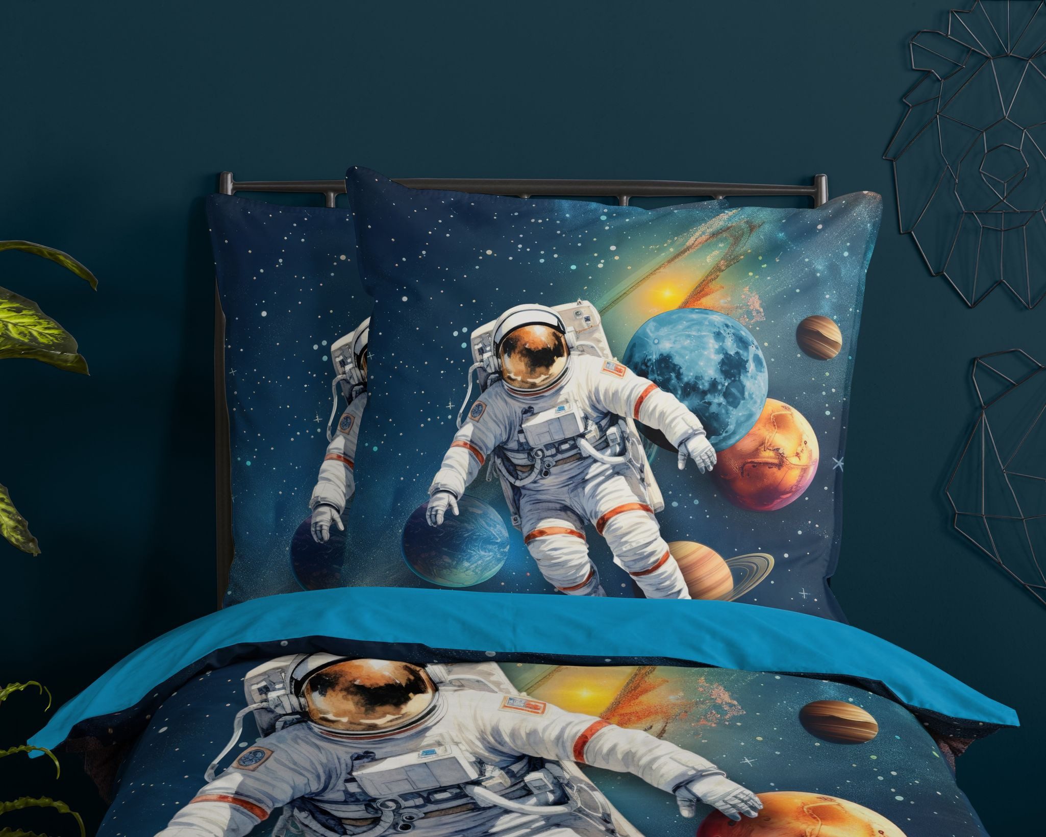 JACK Jugendbettwäsche 135x200cm Astronaut Weltenreiser Planeten, Microfaser, 2 teilig, im bunten Weltall-Design