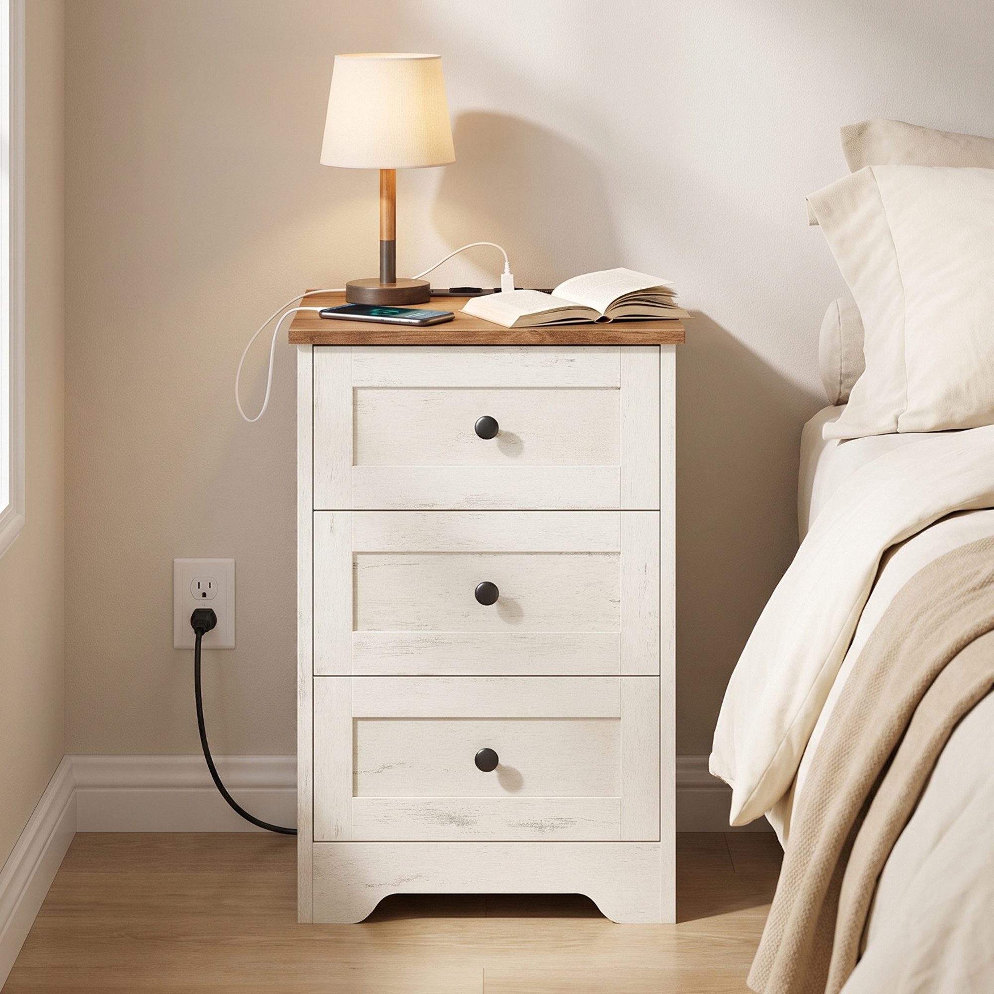 VASAGLE Nachttisch Beistelltisch aus Holzspanplatte, Landhausstil für Schlafzimmer, mit Steckdose, USB-Anschlüssen und Schublade, 40 x 30 x 59 cm
