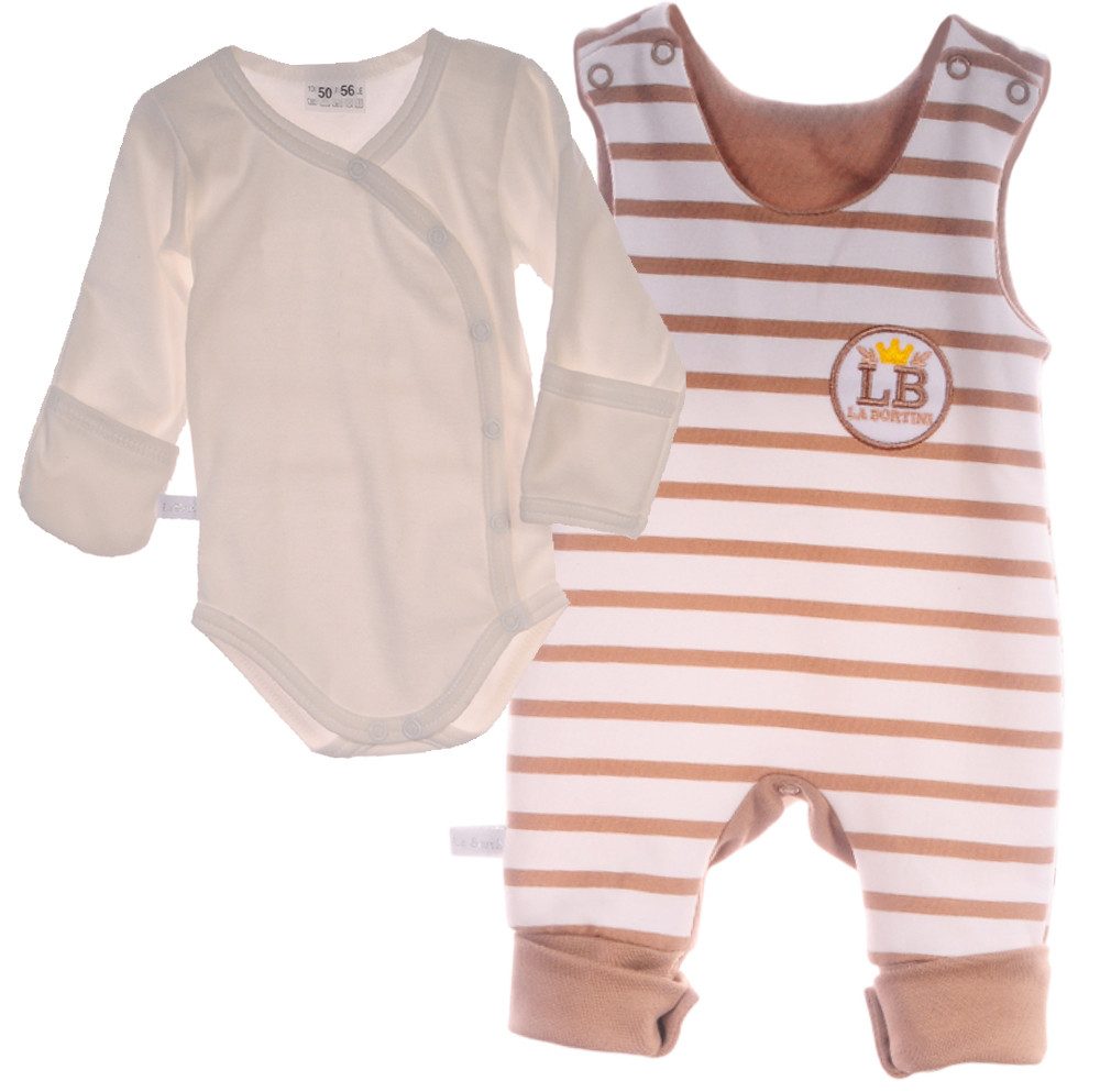 La Bortini Strampler Baby Latzhose und Wickelbody Set für Neugeborene gestreift beige (Stramplerhose und Body langarm, Anzug 2-teilig, für Jungen und Mädchen) für Neugeborene, neutral, unisex, 44 50 56 62 68 74 80