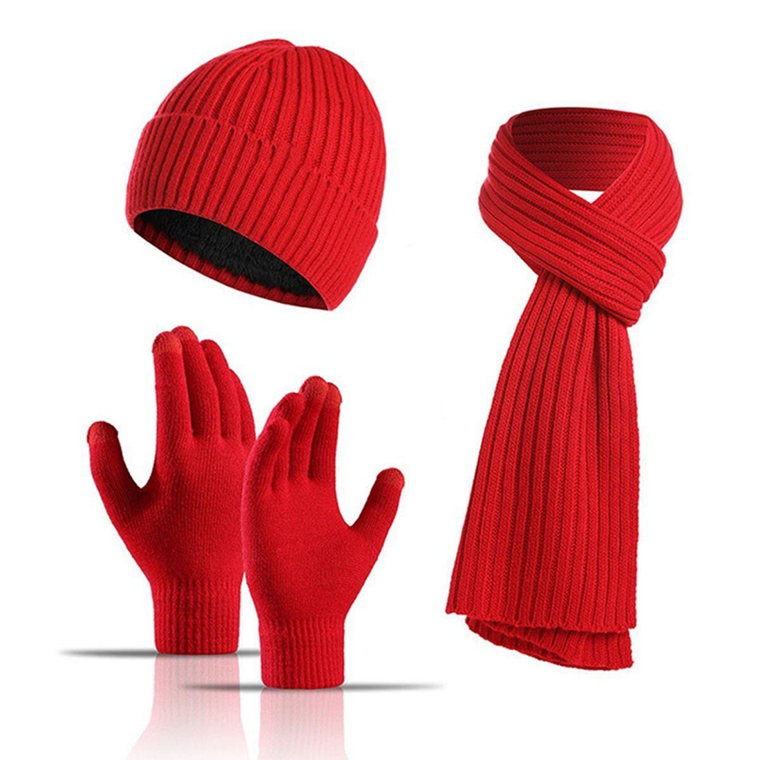DAYUT Jerseymütze Wintermütze, Strickmütze, rot (1-St) Schal, warm, Handschuhe