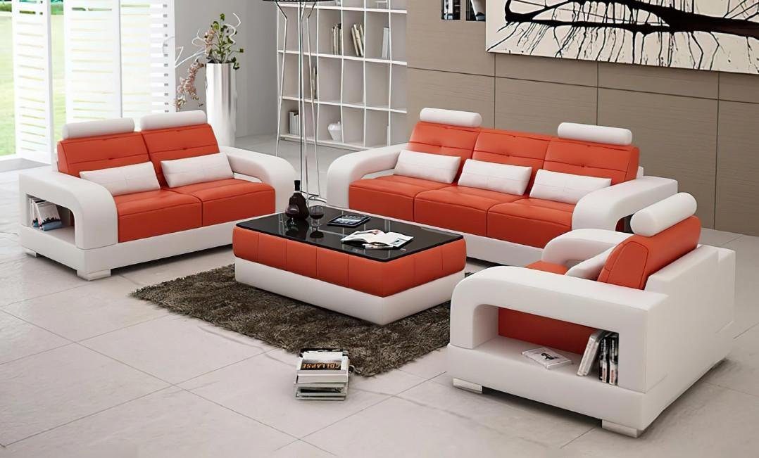 JVmoebel Sofa Sofas Polster 3+1+1 Sitzer Set Design Sofas Couchen Leder Modern Sofa, Made in Europe Orange/Weiß
