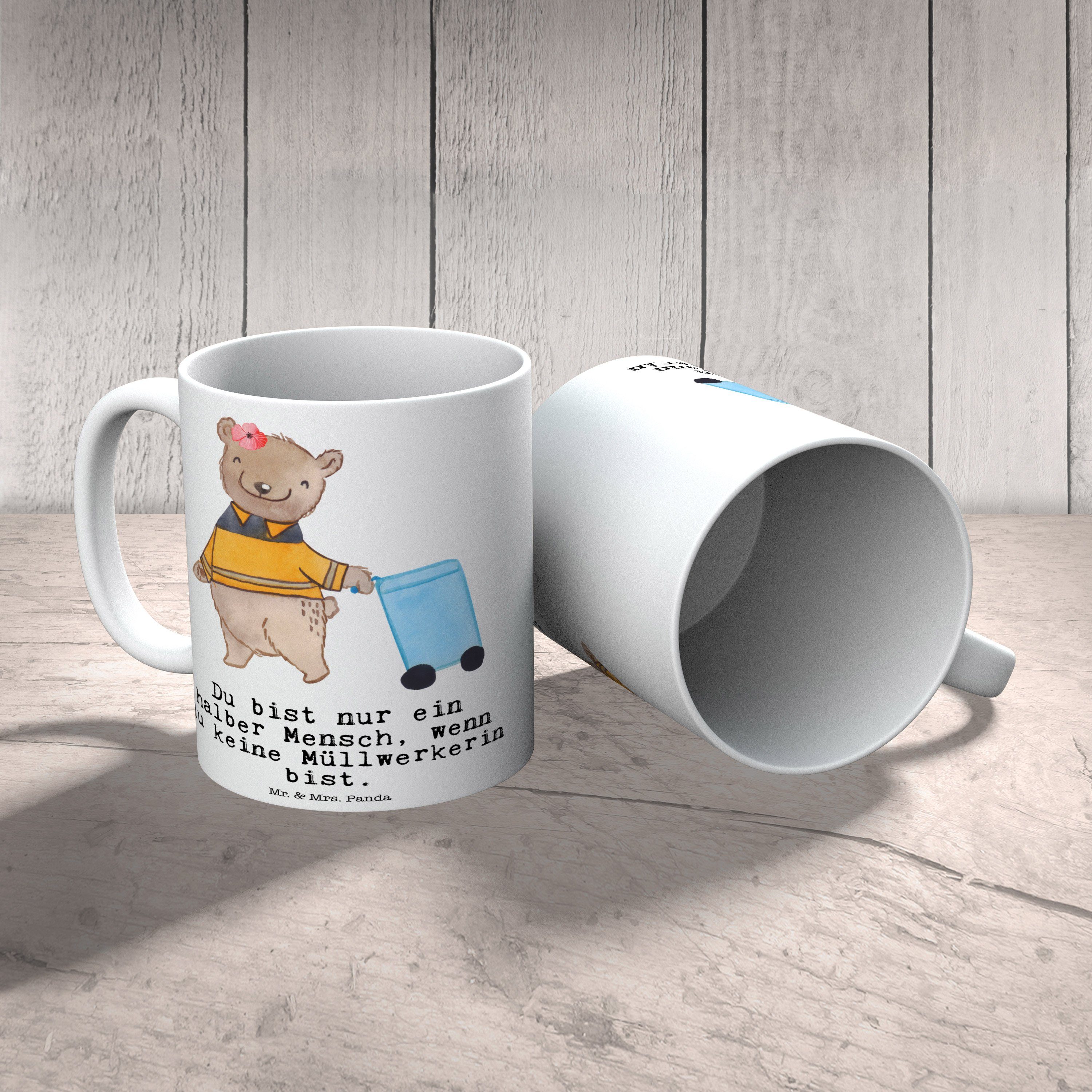 Mr. & Mrs. Panda Geschenk, mit Kehrichtfrau, Weiß Herz Teebecher, - Müllwerkerin Ker, - Keramik Tasse