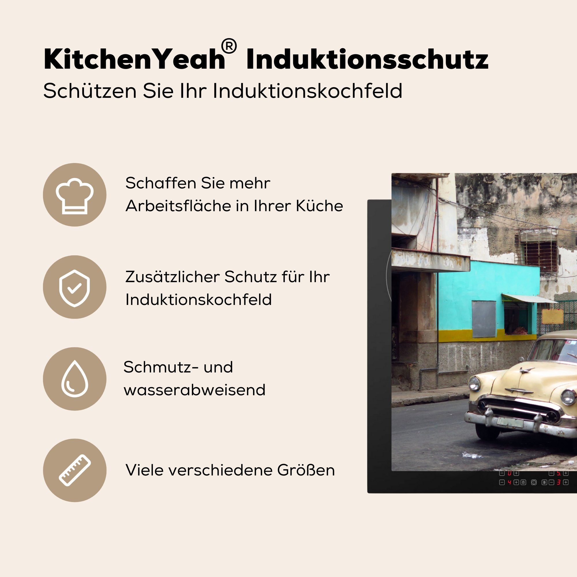 tlg), - 78x78 - Arbeitsplatte Vinyl, für küche cm, Ceranfeldabdeckung, Oldtimer MuchoWow (1 Kuba Havanna, Herdblende-/Abdeckplatte