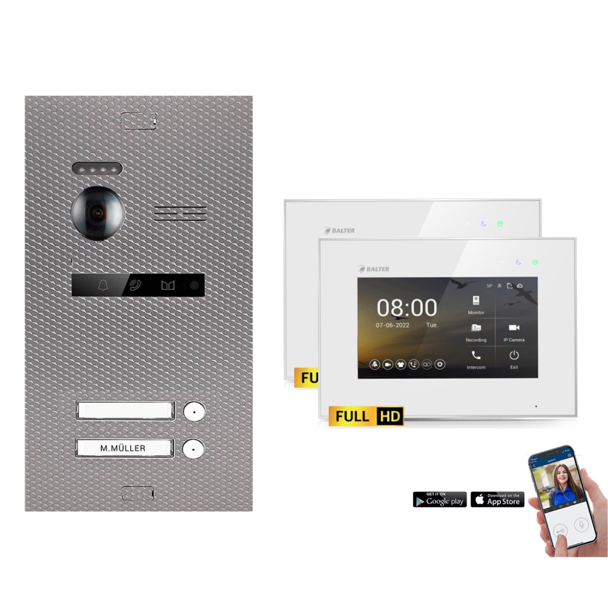 Balter Video-Türsprechanlage BALTER HD WLAN Türsprechanlage EVO 2-Familienhaus Silber Weiß (Set, 2-Familienhaus, Komplettset, Full HD 175° Kamera, App-Steuerung)