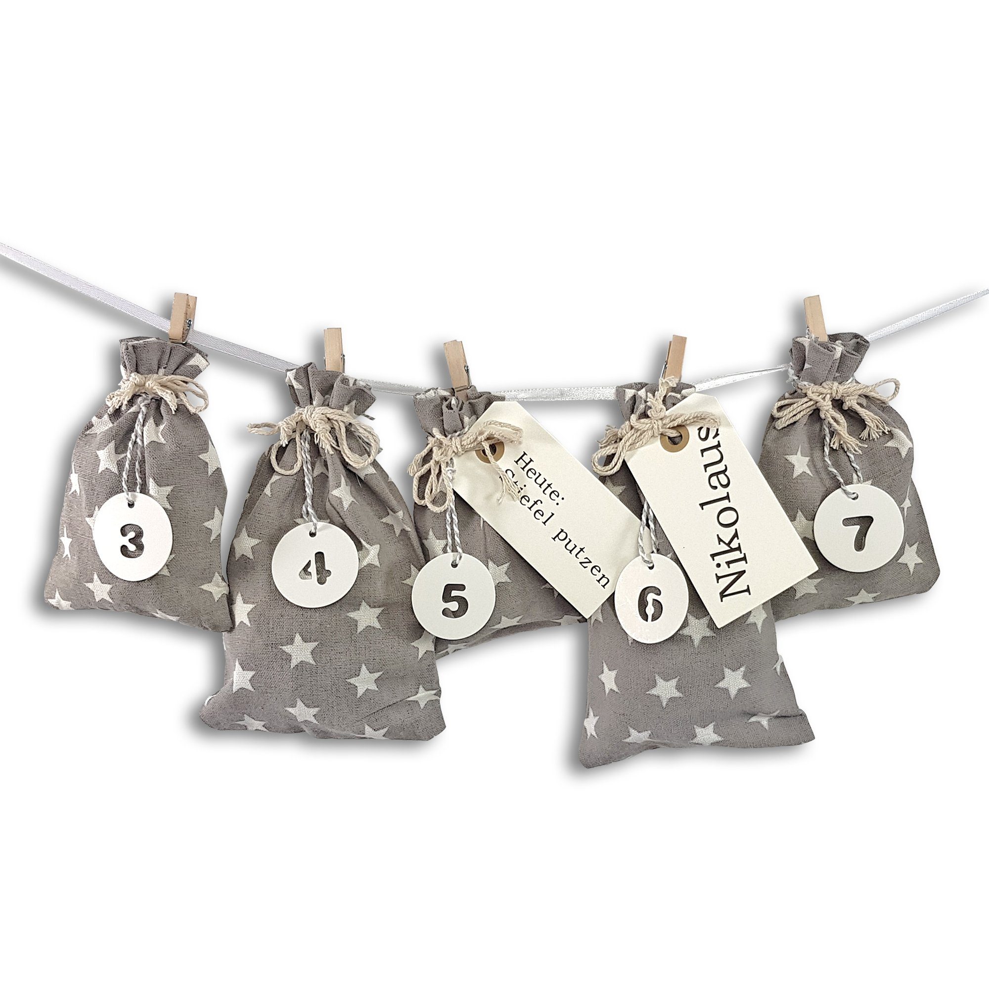 Frau WUNDERVoll befüllbarer Adventskalender Adventskalender Schneeflöckchen Baumwollbeutel grau, weiße Sterne