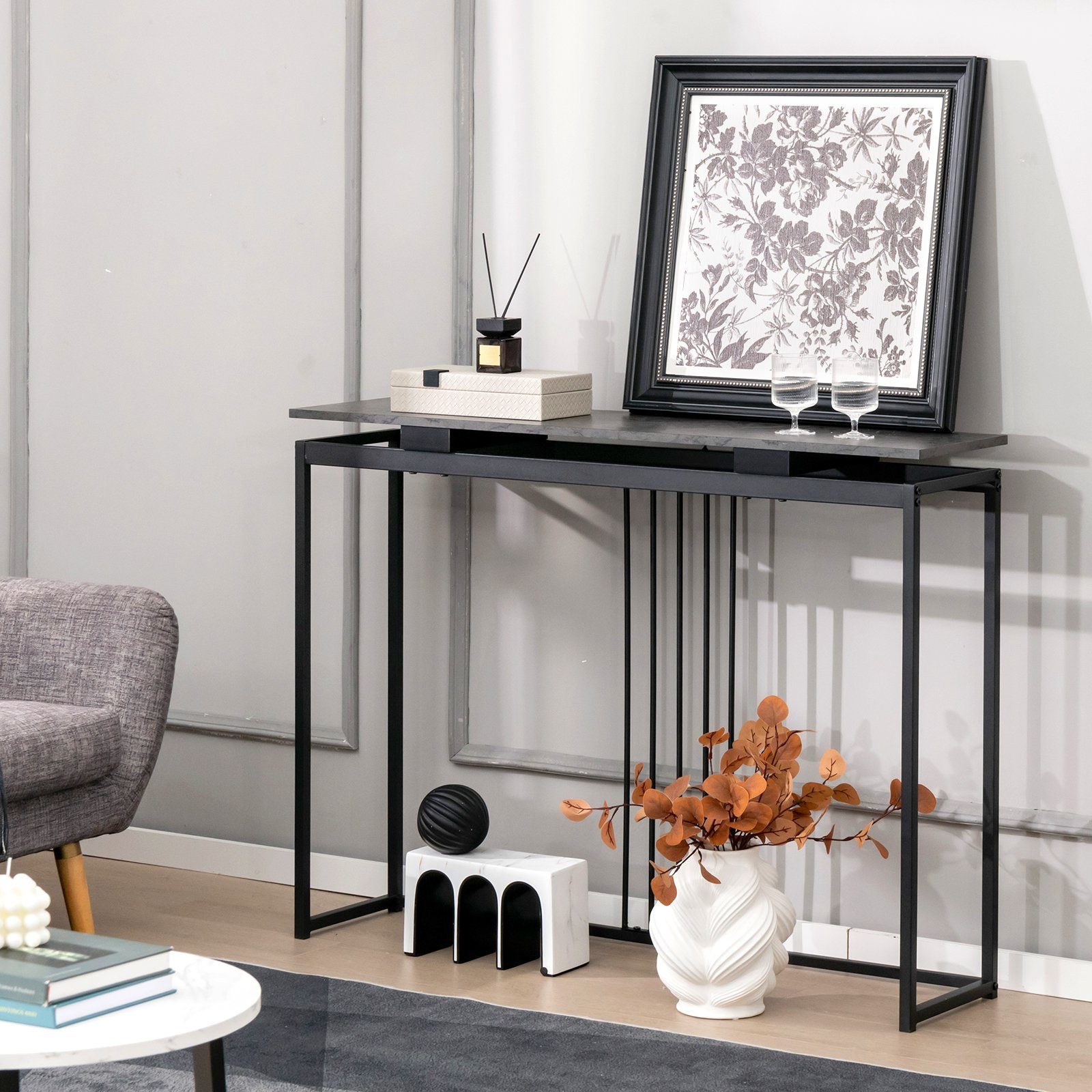 COSTWAY Konsolentisch Marmoroptik, schmal, Metallgestell, schwarz, 120x30x9 günstig online kaufen