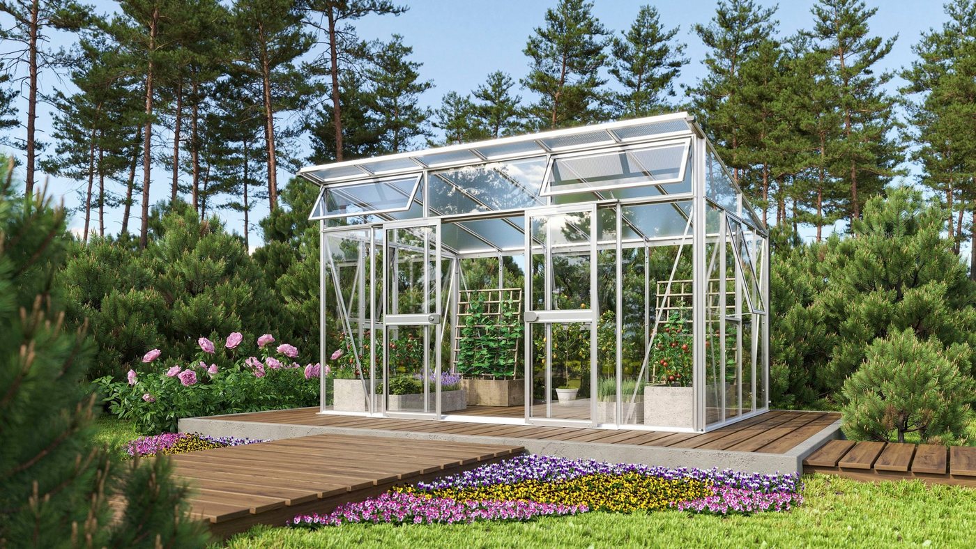 Vitavia Gewächshaus Aura 11500, BxTxH: 392,8 x 295 x 242,3 cm, 3 mm Wandstärke, stabile Alu-Profile, 3 mm Glas, Dach 10 mm Hohlkammerplatten silberfarben Vitavia Gewächshaus Aura 11500, BxTxH: 392,8 x 295 x 242,3 cm, 3 mm Wandstärke, stabile Alu-Profile, 3 mm Glas, Dach 10 mm Hohlkammerplatten silberfarben