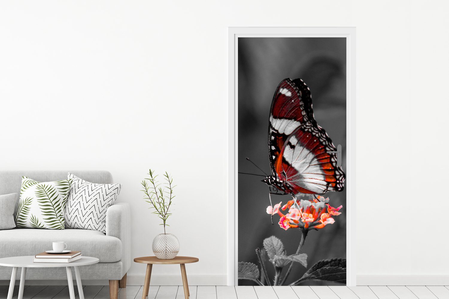 Matt, Tiere Schmetterling (1 - Türtapete MuchoWow cm und - weiß bedruckt, - Fototapete Orange, Schwarz - 75x205 St), Tür, Blumen Türaufkleber, für