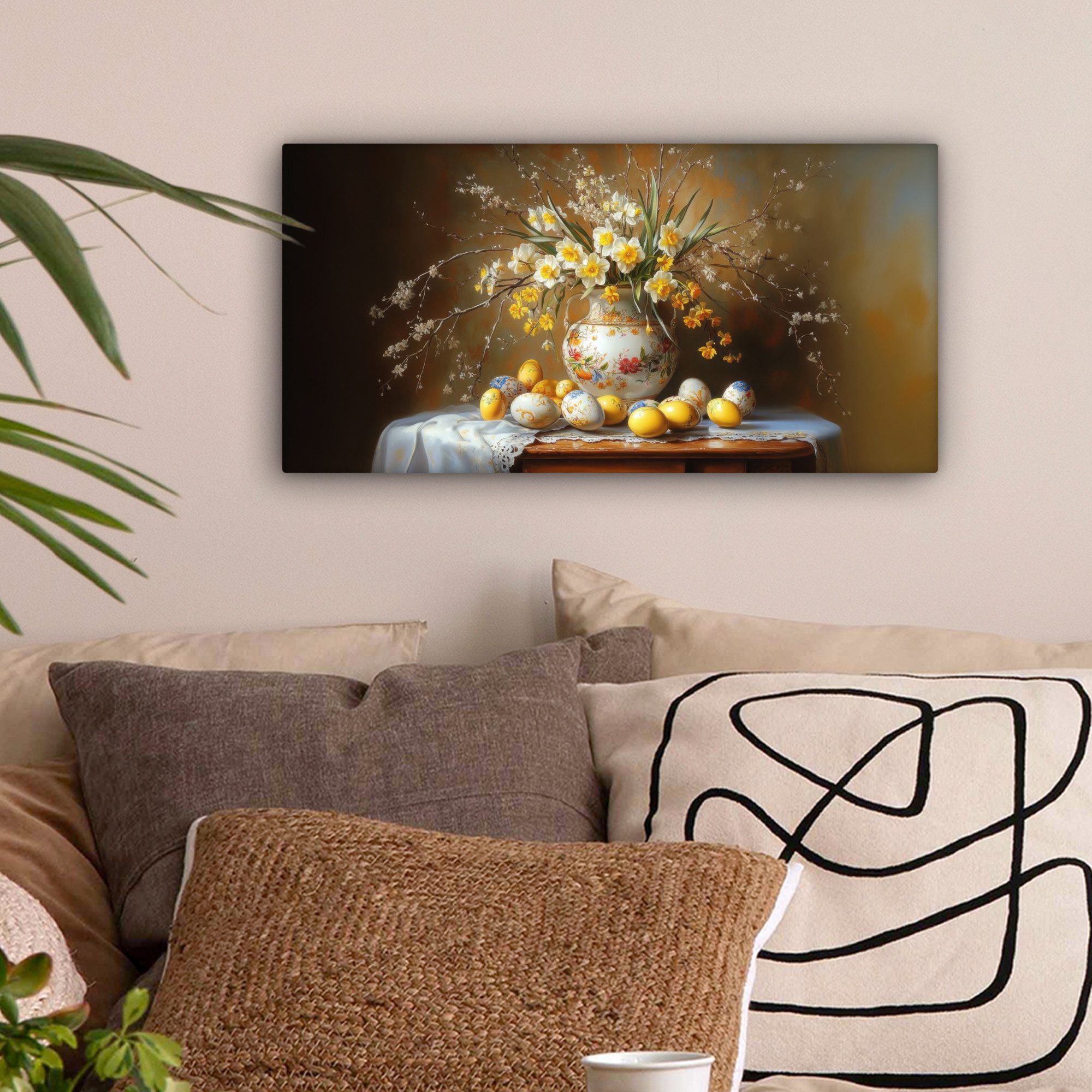 OneMillionCanvasses® Leinwandbild Panorama Ostereier - Stillleben - Vase - Ostern Deko, Fotodruck (1 St), Wandbild, Deko Schlafzimmer Wohnzimmer Flur 40x20 cm