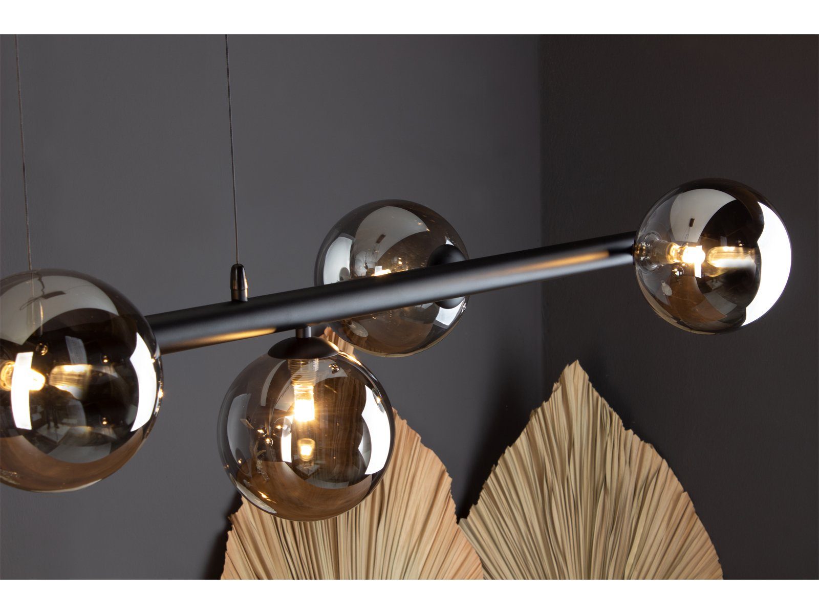 ECO-LIGHT LED Pendelleuchte, Dimmfunktion, LED wechselbar, Warmweiß, ausgefallene Balken-lampe für über Esstisch, 6x Glas-kugel Rauchglas