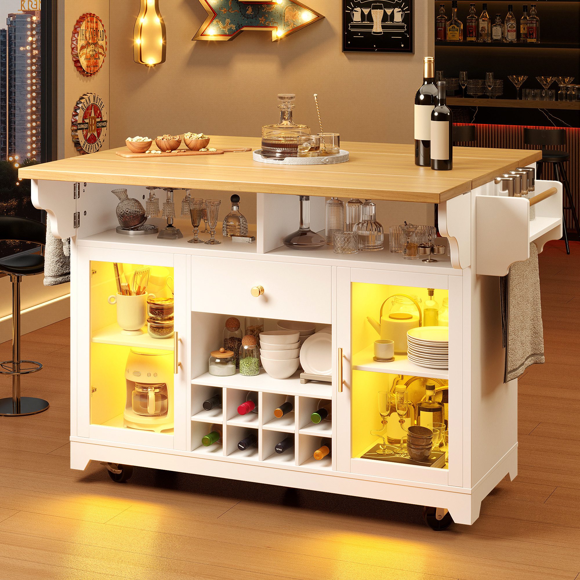 Celya Servierwagen mit RGB LED Beleuchtung, beidseitig ausklappbarer Tischplatte, mit verstellbaren Regalböden, Weinregal, 95 cm ergonomische Höhe