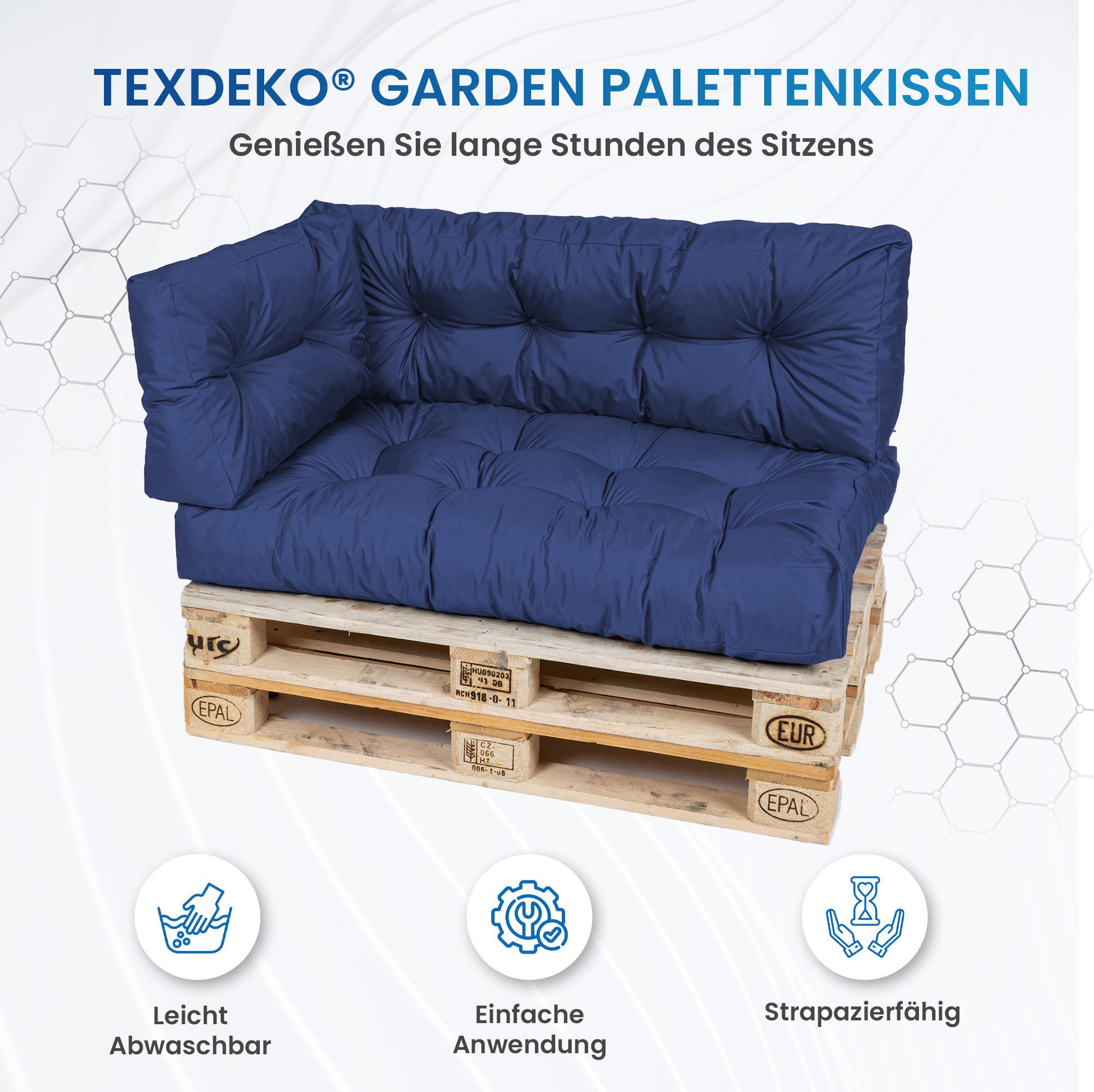 TexDeko Palettenkissen TexDeko Garden 7-TLG Palettenkissen-Set wasserabweisend gesteppt, 3x Palettenkissen (Sitzkissen) + 3x Rückenkissen + 1x Seitenkissen