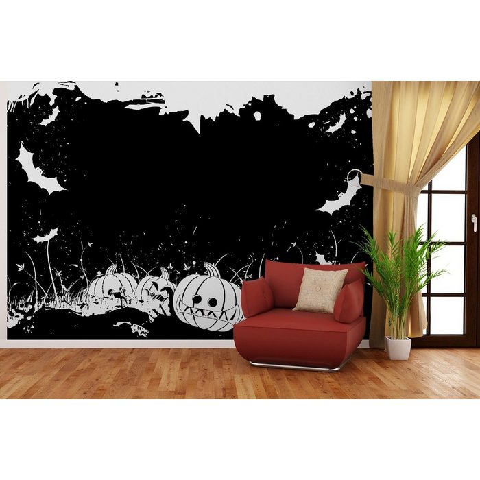 Wallario Vliestapete Halloween - Kürbisse und Fledermäuse in schwarz-weiß Comic Stil Seidenmatte Oberfläche hochwertiger Digitaldruck in verschiedenen Größen erhältlich