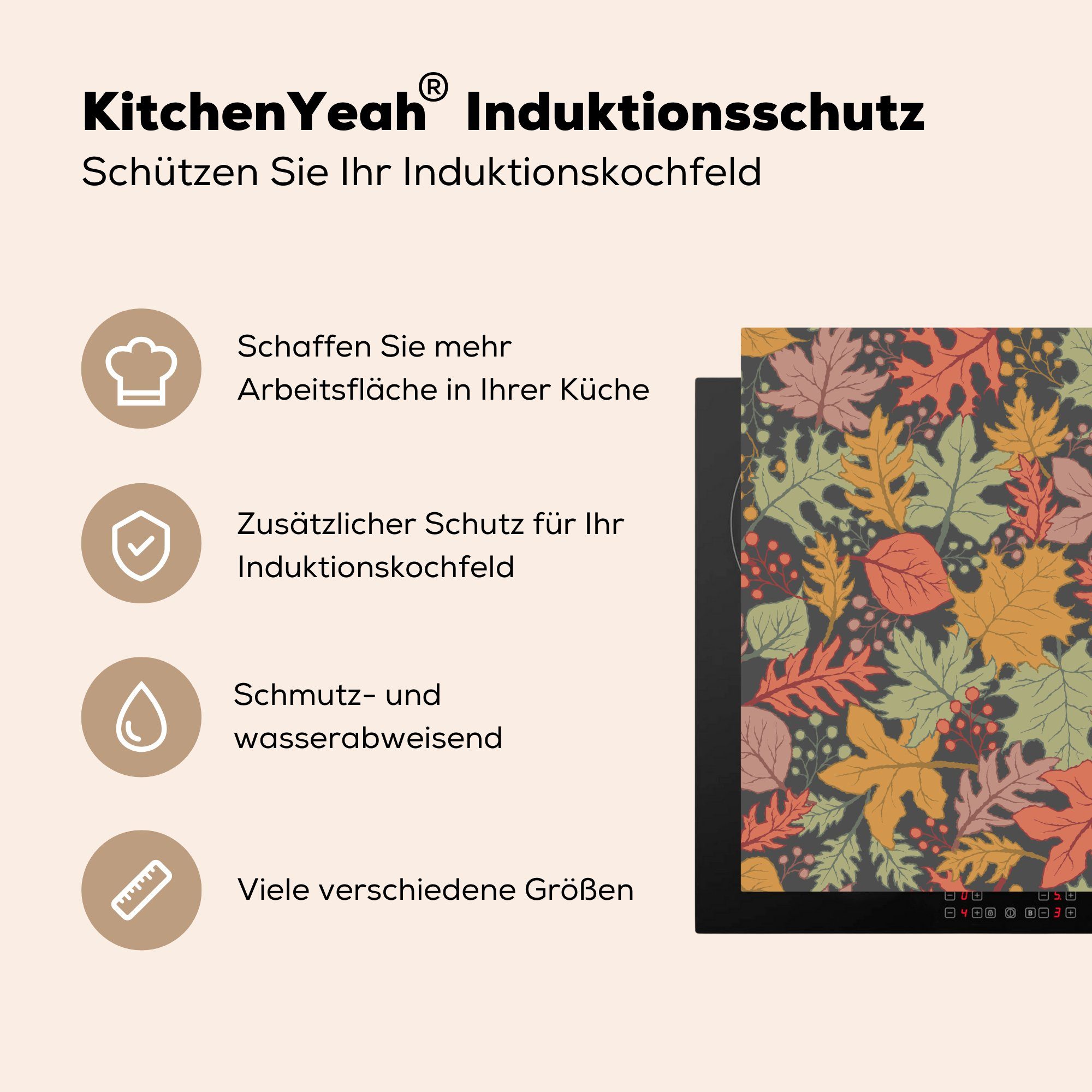 Herbst Vinyl, Illustration Herdblende-/Abdeckplatte für küche Arbeitsplatte cm, 78x78 (1 tlg), Laub, - Ceranfeldabdeckung, - MuchoWow