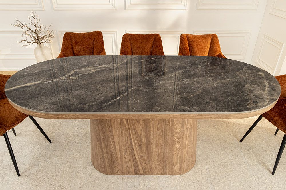 riess-ambiente Esstisch UNIQUE 200cm Keramik grau – oval, Walnuss Säulenfuß braun (Einzelartikel, 1-St), moderner Materialmix, Design-Tisch, Esstisch für 8 Pers – Bild 3 von 5