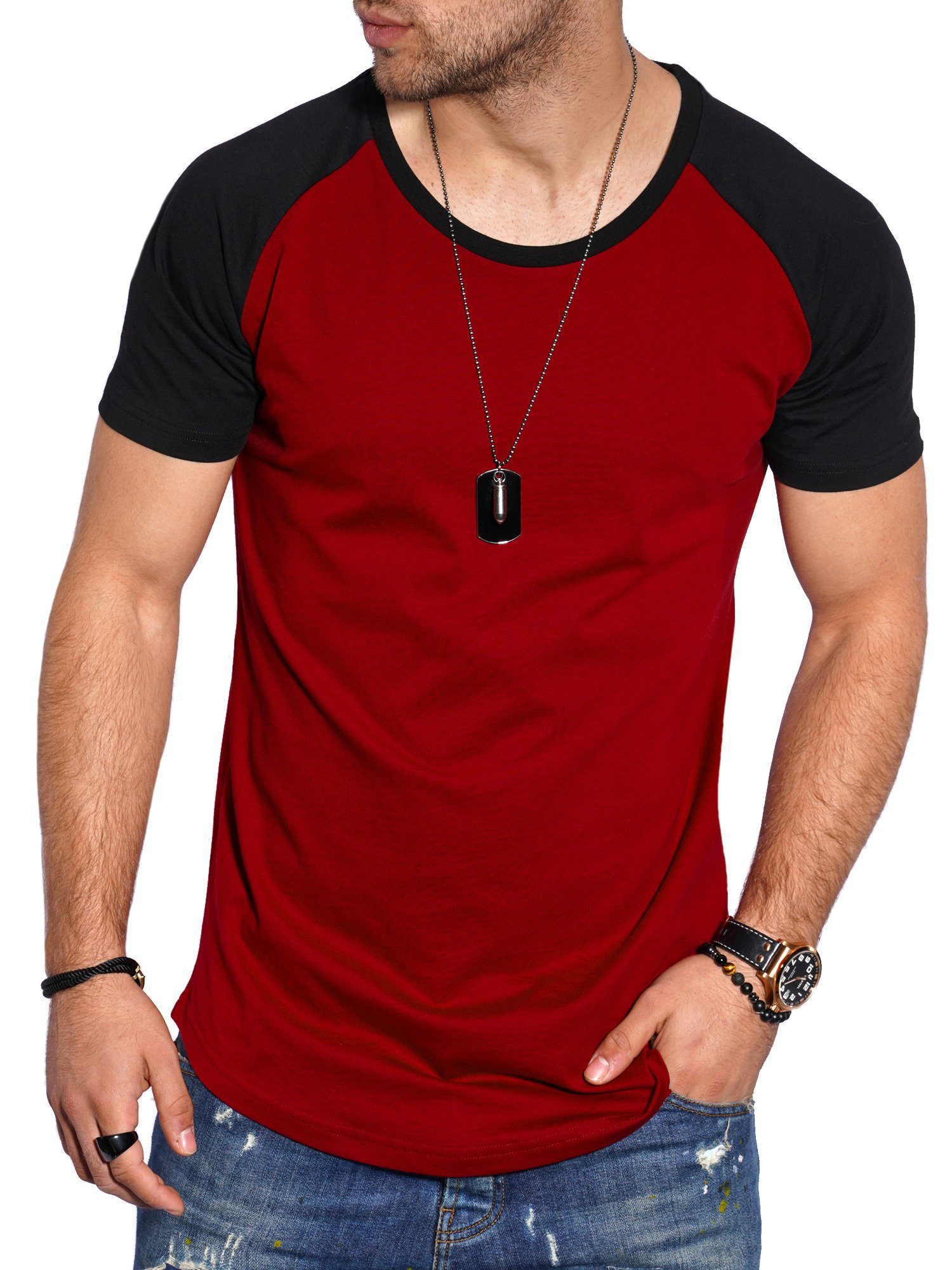 im Style-Division Basic SDBOISE T-Shirt Raglan-Stil Weinrot-Schwarz