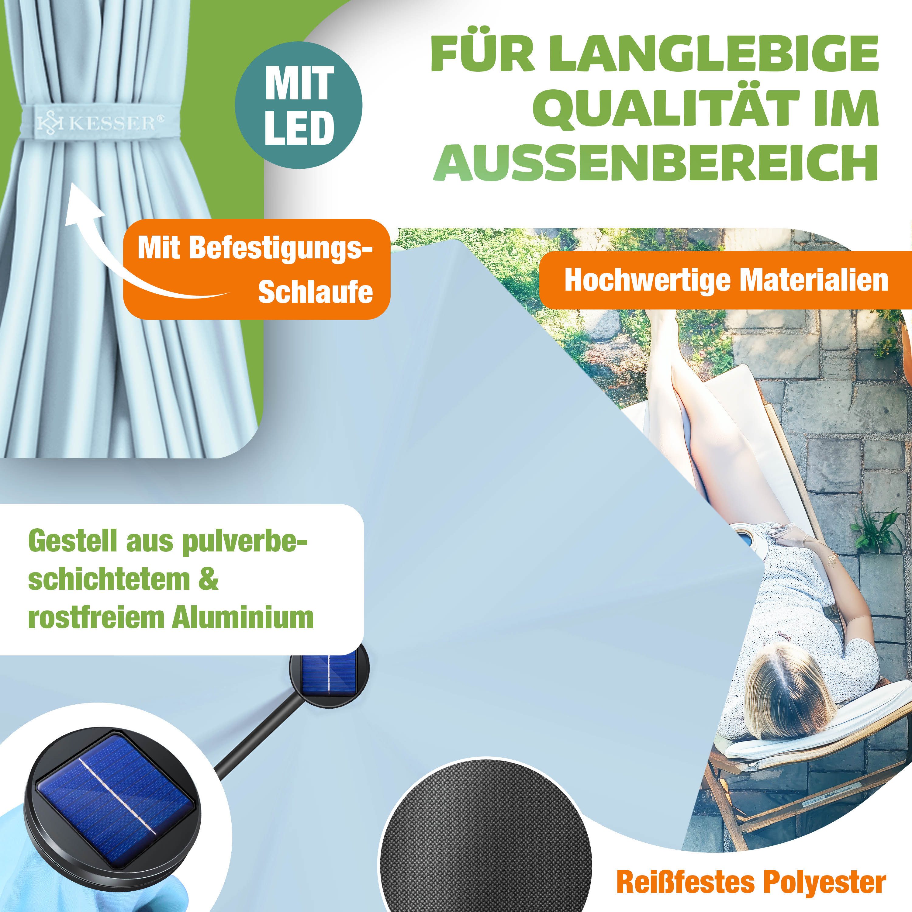 KESSER Ampelschirm ⌀300cm Alu Sonnenschirm mit LED Solar Inkl. Abdeckung & Fernbedienung, Kurbelschirm mit Ständer Wasserabweisend, 360° Funktion & UV-Schutz