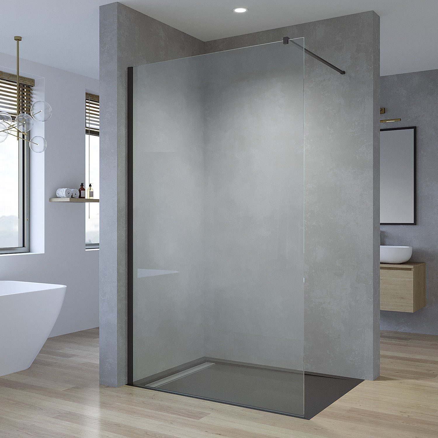 Walk-in-Dusche Walk-In Dusche Glas Duschwand schwarz Duschtrennwand mit Stabilisator