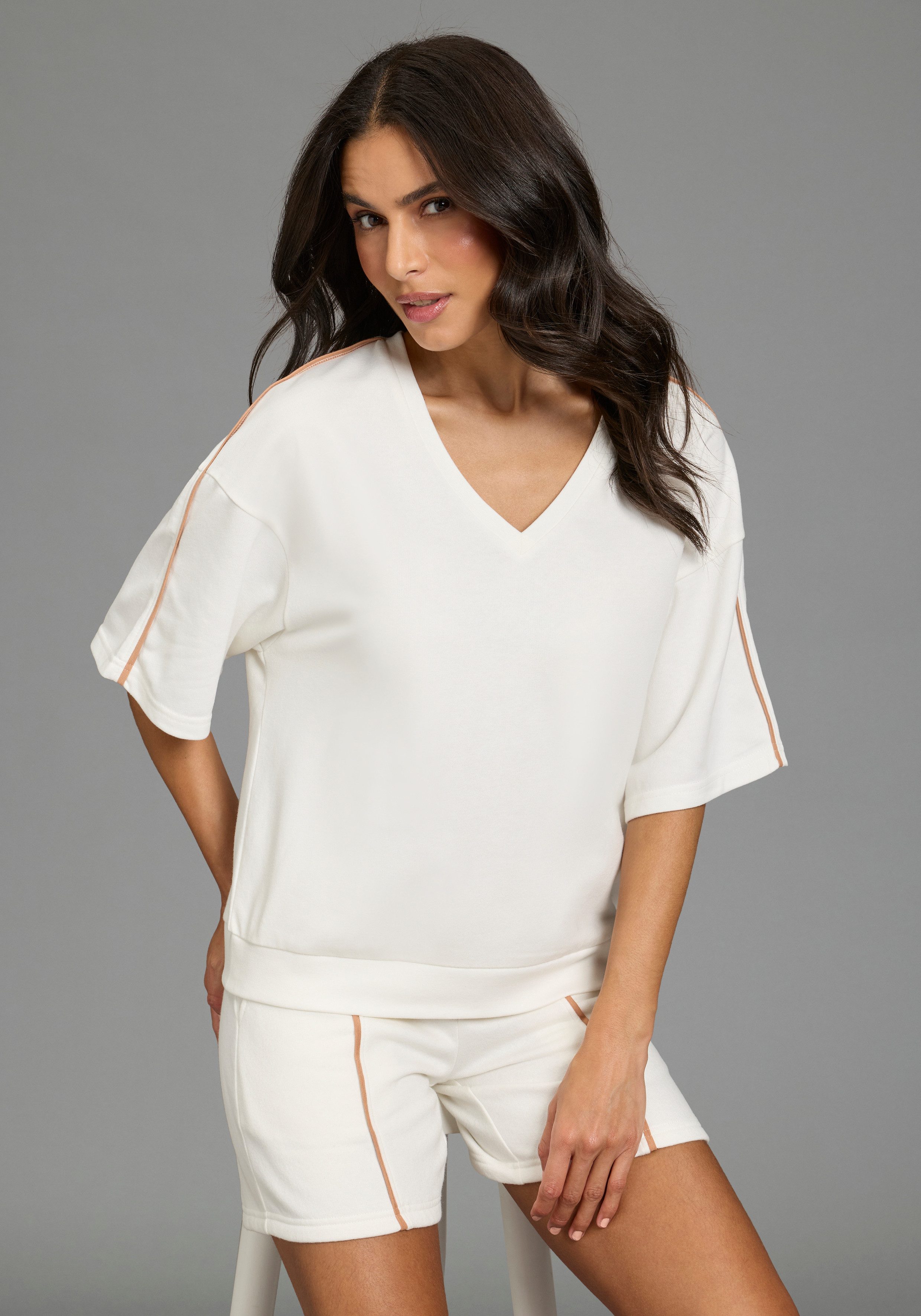 Laura Scott Sweater casual Stil, mit V-Ausschnitt, mit Farbeinsatz, halbarm günstig online kaufen