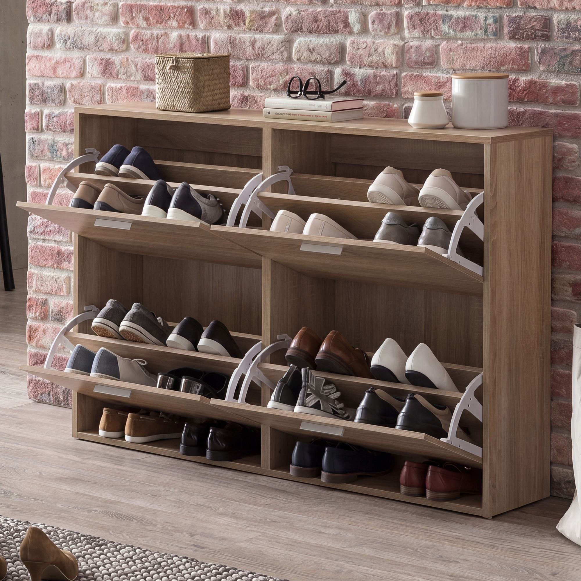 FINEBUY Schuhkipper SuVa14542_1 Schuhschrank Schuhregal Flurschrank 24 Paar Schuhe (Schuhregal Sonoma 4 Fächer, Modern 120 x 81 x 24cm), Design Schuhkommode Hoch, Schuhschrank mit Ablage