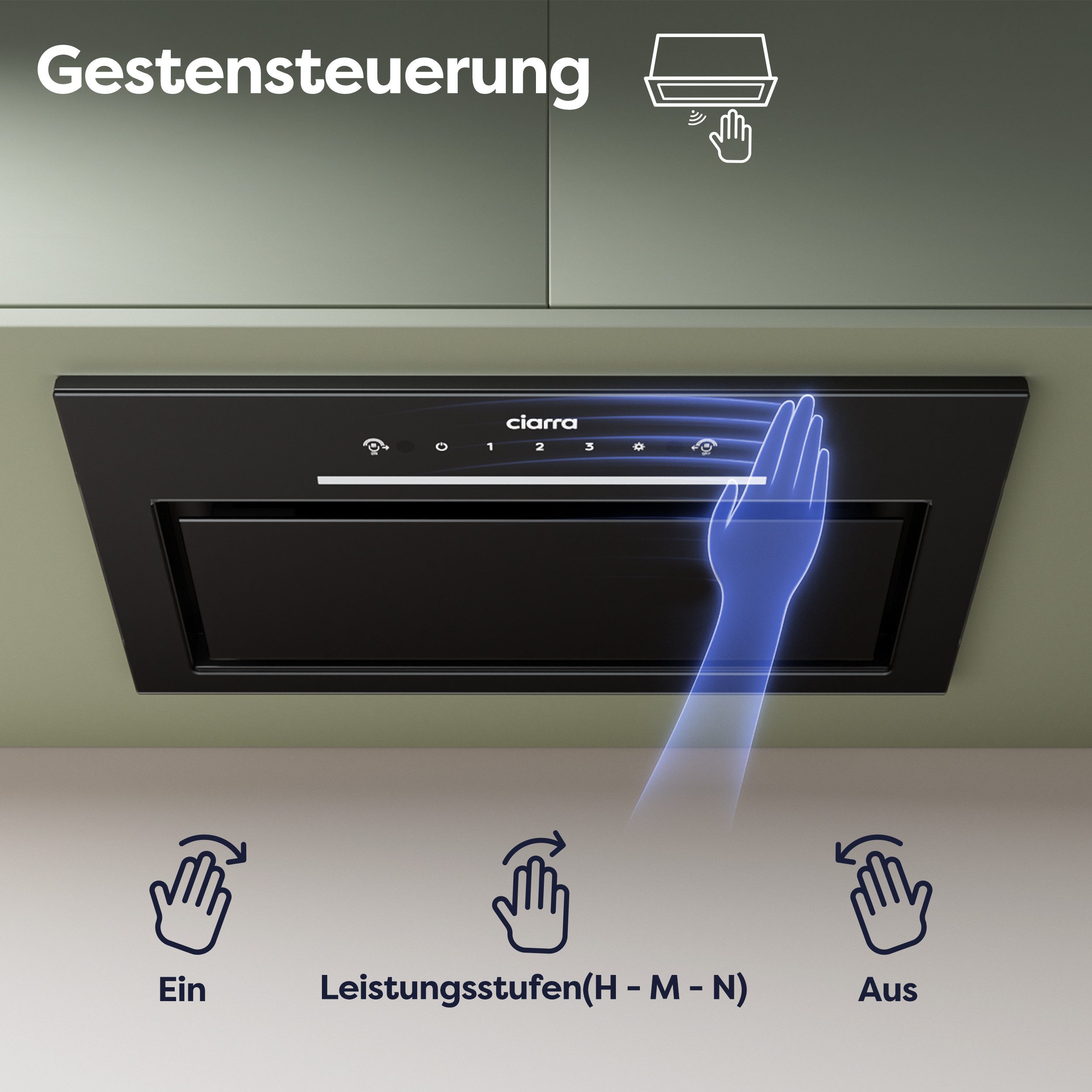 CIARRA Unterbauhaube 52 cm Einbauhaube 460 m³/h Touch & Wave Control VM5931A 52 cm Einbauhaube 460 m³/h Touch & Wave Control VM5931A, Einbau-Dunstabzugshaube Touch & Handgesten-Steuerung, Umluft & Abluft
