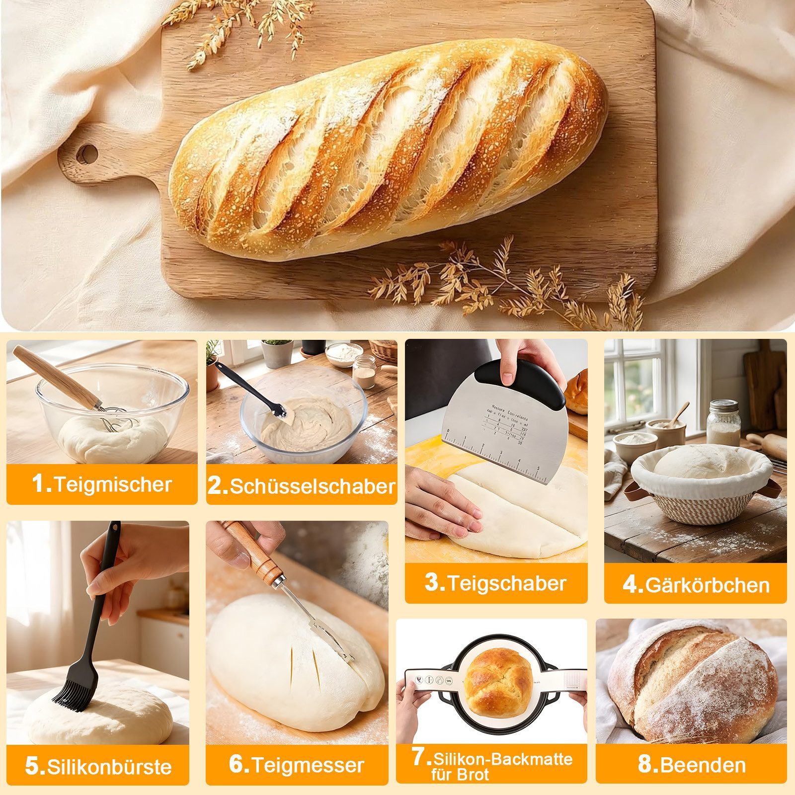 AKKEE Gärkorb 21-teilig Sauerteig-Starter-Set mit Liner Gärkörbchen für Brotteig, Komplettset zum Brotbacken für Anfänger und erfahrene Hobbybäcker – Bild 4 von 5