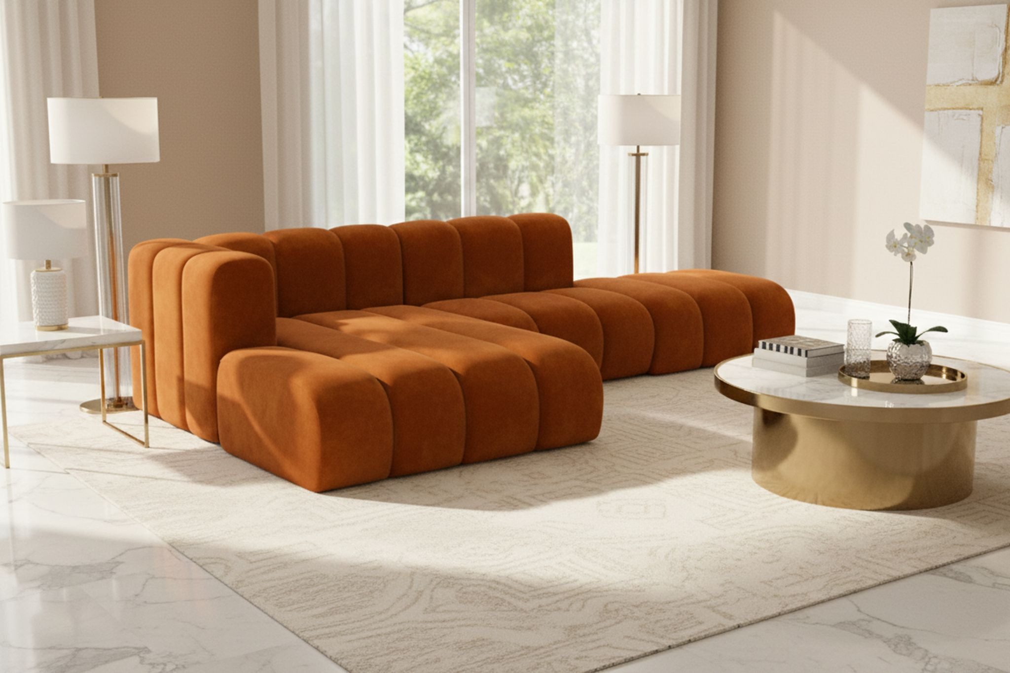 Kaiser Möbel Ecksofa Ecksofa L-Form modulare Grand Mini mit Hocker Veloursstoff Salvador, Ecksofa mit Hocker, Modulares L-Ecksofa,freistehender Hocker,Premium-Velours Salvador