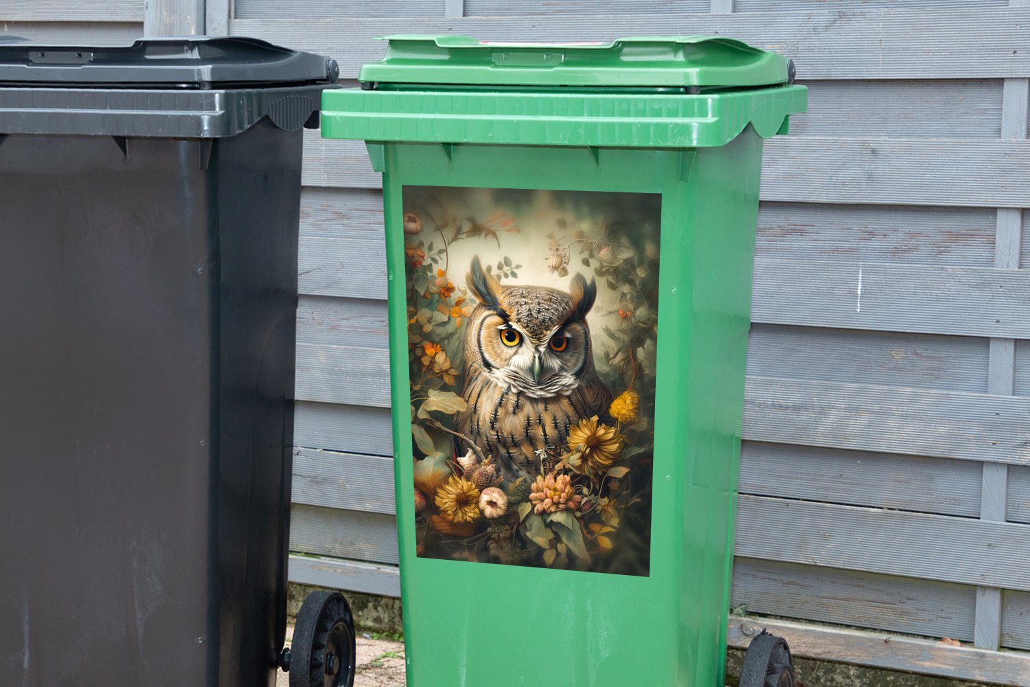 Natur Mülltonne, MuchoWow Vögel Container, - - Eule Wandsticker Sticker, - Mülleimer-aufkleber, (1 St), Blumen Abfalbehälter