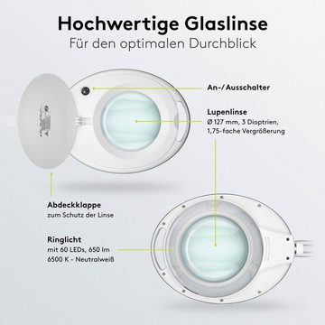 Goobay Lupenlampe 8 W LED-Lupenleuchte mit Klemme, SMD LED, kaltweiß, 6500 K, 1,75-fache Vergrößerung, 90° neigbar, 360° schwenkbar