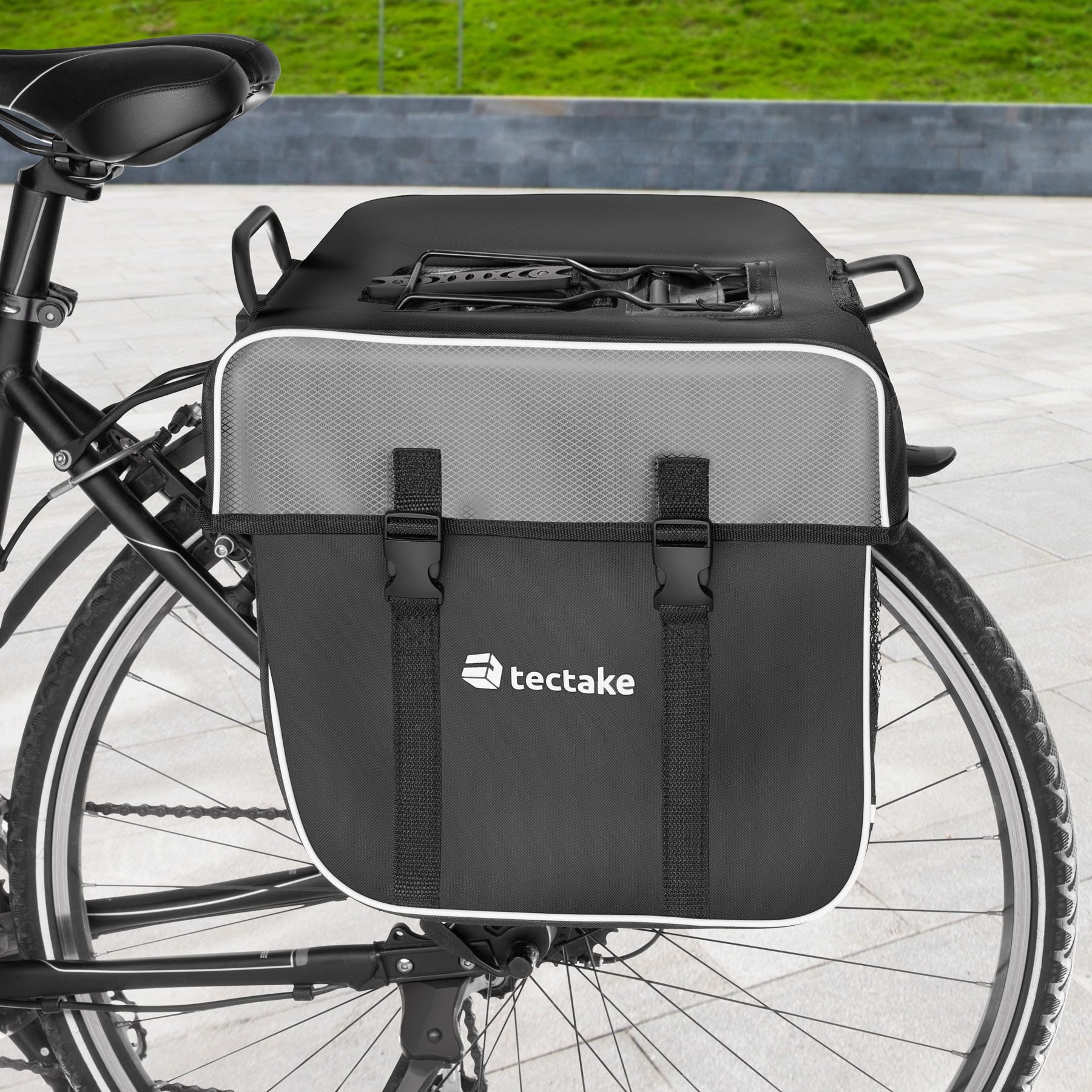 tectake Fahrradtasche Fahrradhandytasche, 34 x 17 x 30 cm, Schnallenverschluss, Volumen 35 (Gepäckträgertasche Georg, in schwarz), Für den Gepäckträger, wasserabweisend, Tragegriff & Reflektorstreifen