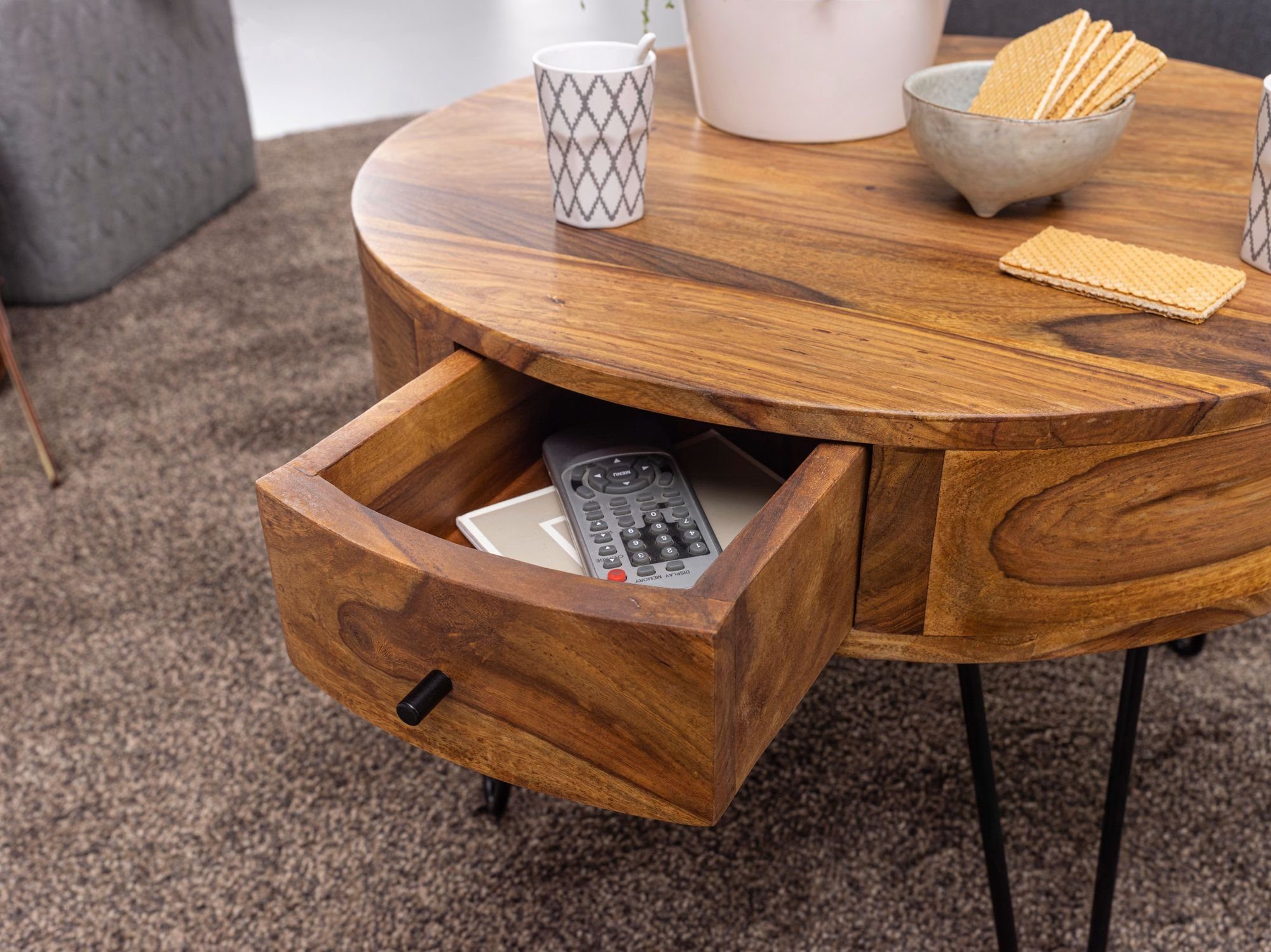 lovingHome® Couchtisch Couchtisch 2 Schubladen Palisander Massivholz 60 x 44,5 x 60 cm (1 Stück, 1 Couchtisch mit 1 Schubladen), in modernem Design – Bild 5 von 5