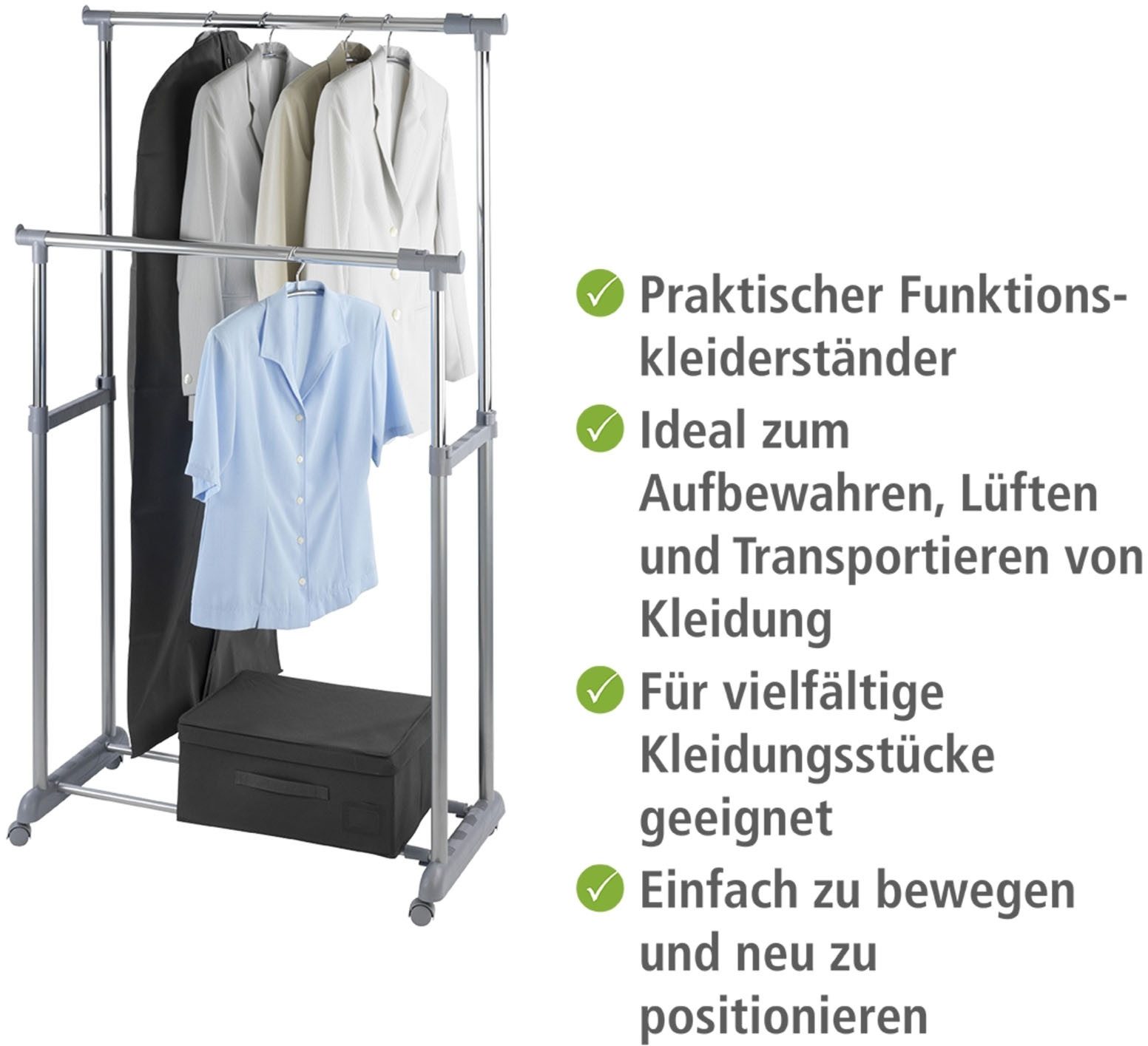 WENKO Kleiderständer Modell Twin Bars, Garderobenständer mit 2 Stangen, höhenverstellbar, mit 4 Rollen