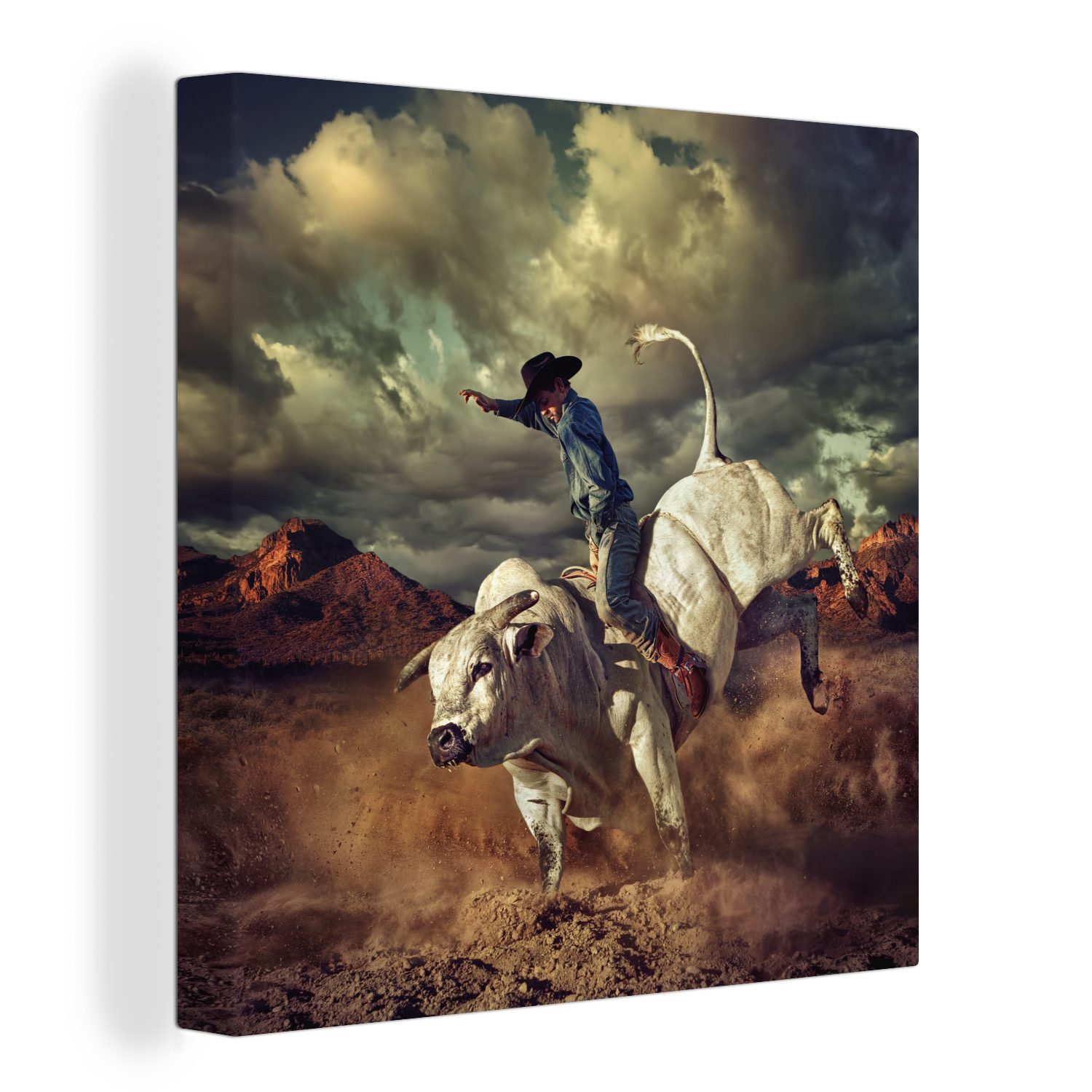 OneMillionCanvasses® Leinwandbild Ein Cowboy auf einem Stier, (1 St), Leinwand Bilder für Wohnzimmer Schlafzimmer