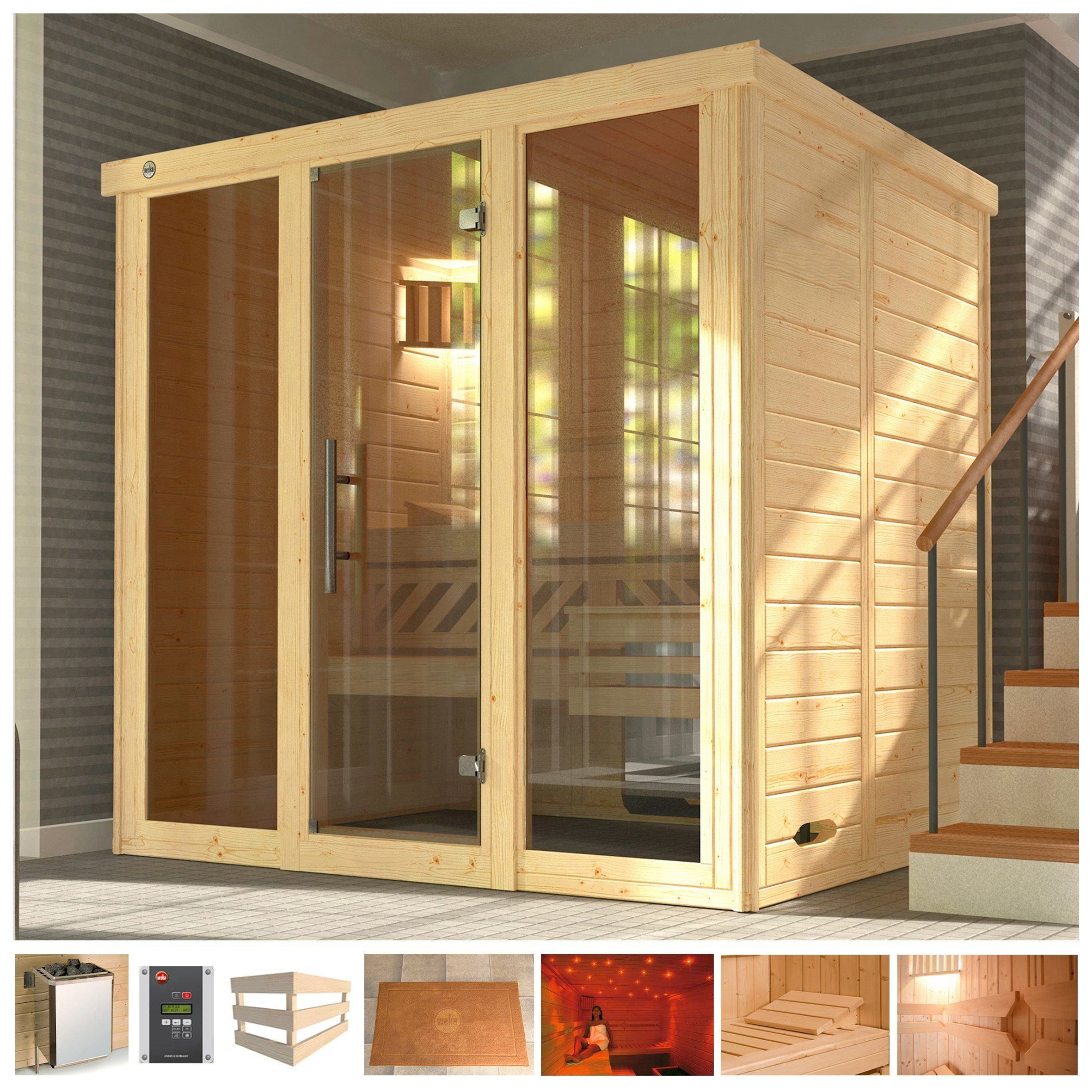 weka Sauna Kemi Panorama, BxTxH: 211 x 169 x 200 cm, 45 mm, 7,5 kW Ofen mit ext. Steuerung